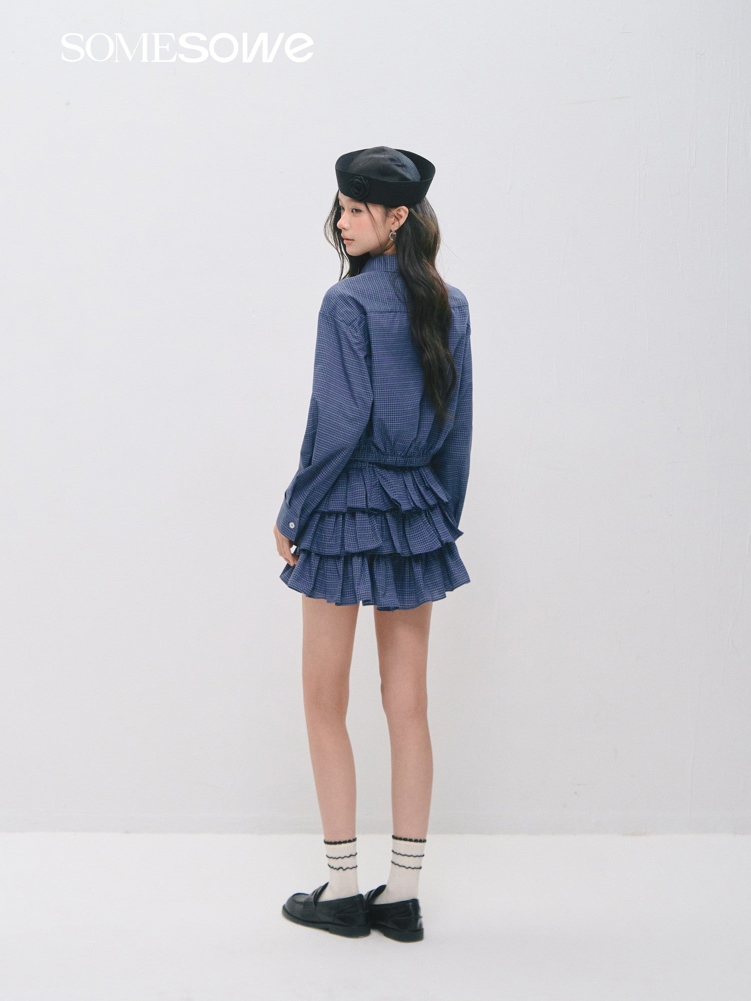 SOMESOWE Plaid Pleated Cake Skirt In Dark Blue Plaid | MADAX