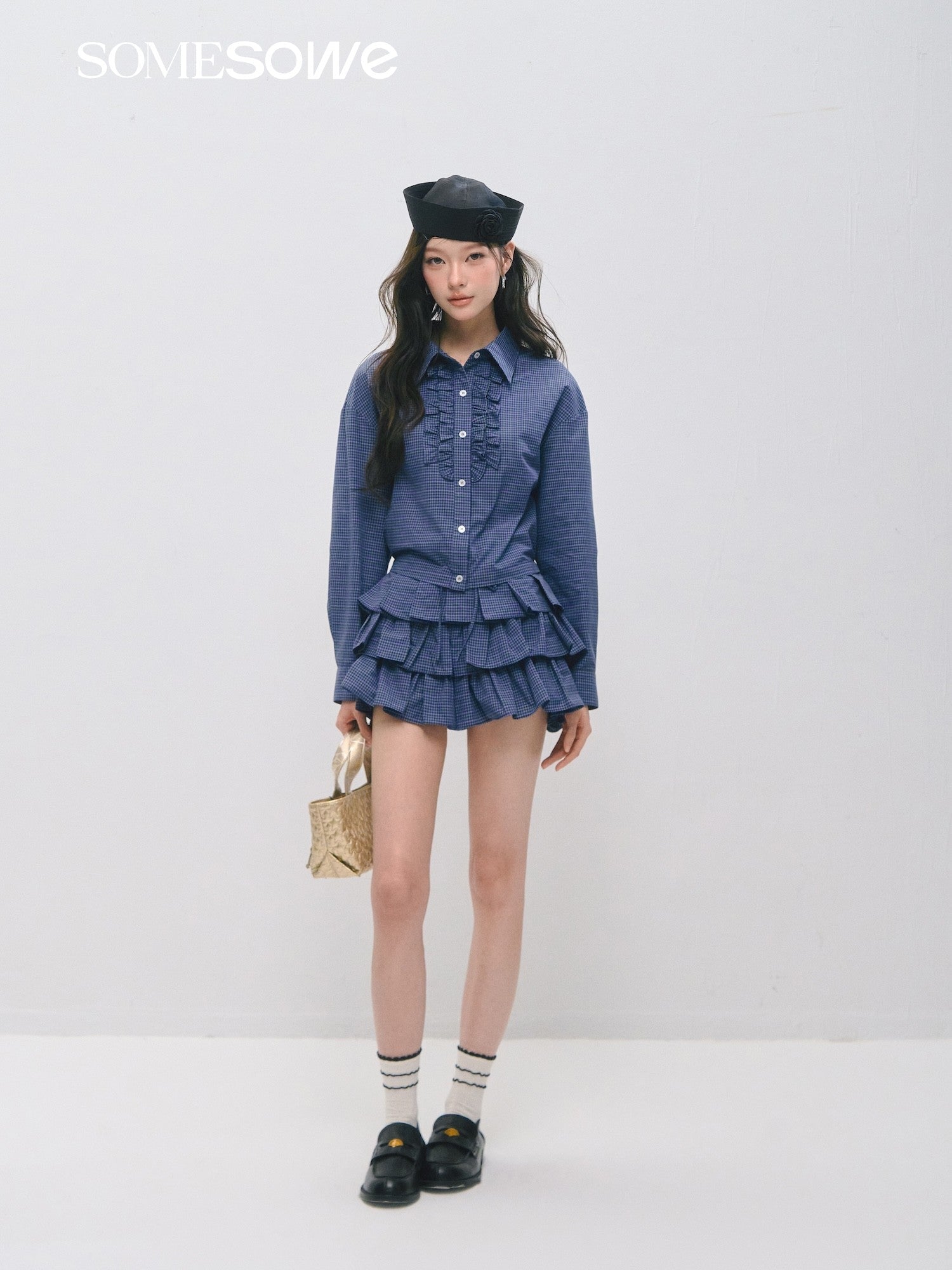 SOMESOWE Plaid Pleated Cake Skirt In Dark Blue Plaid | MADAX