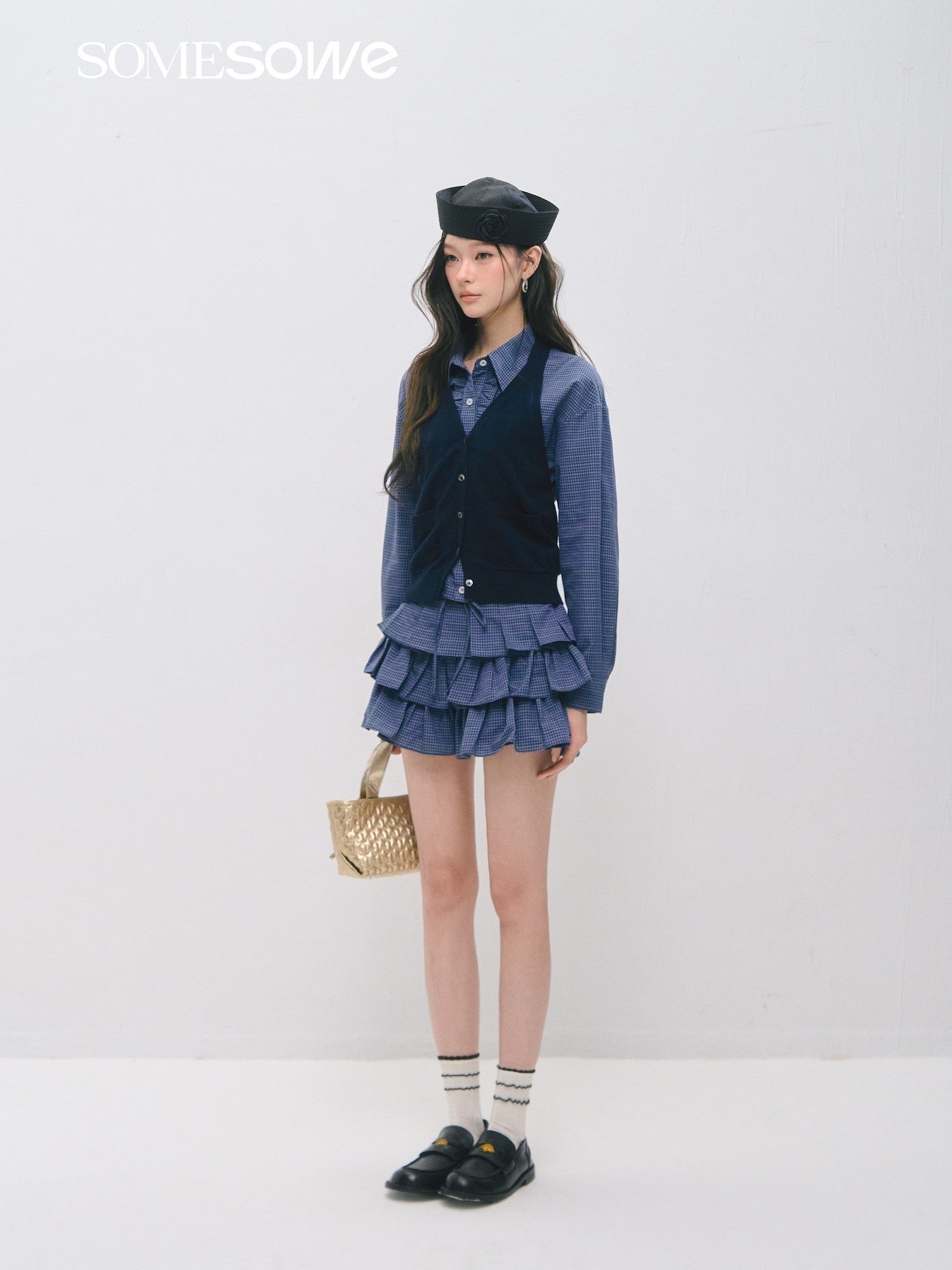 SOMESOWE Plaid Pleated Cake Skirt In Dark Blue Plaid | MADAX