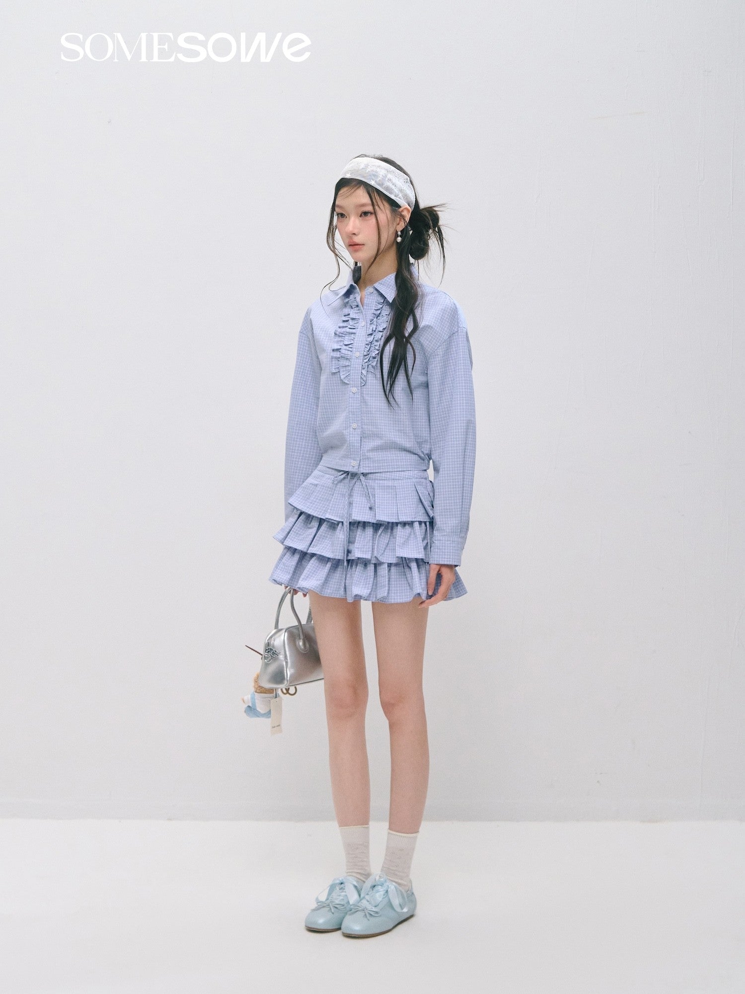 SOMESOWE Plaid Pleated Cake Skirt In Light Blue Plaid | MADAX