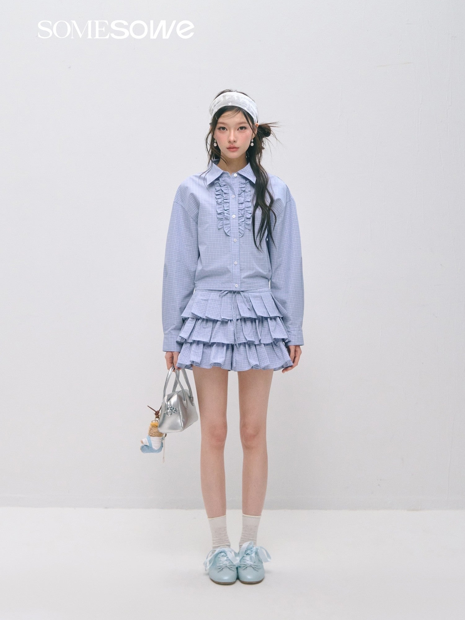 SOMESOWE Plaid Pleated Cake Skirt In Light Blue Plaid | MADAX