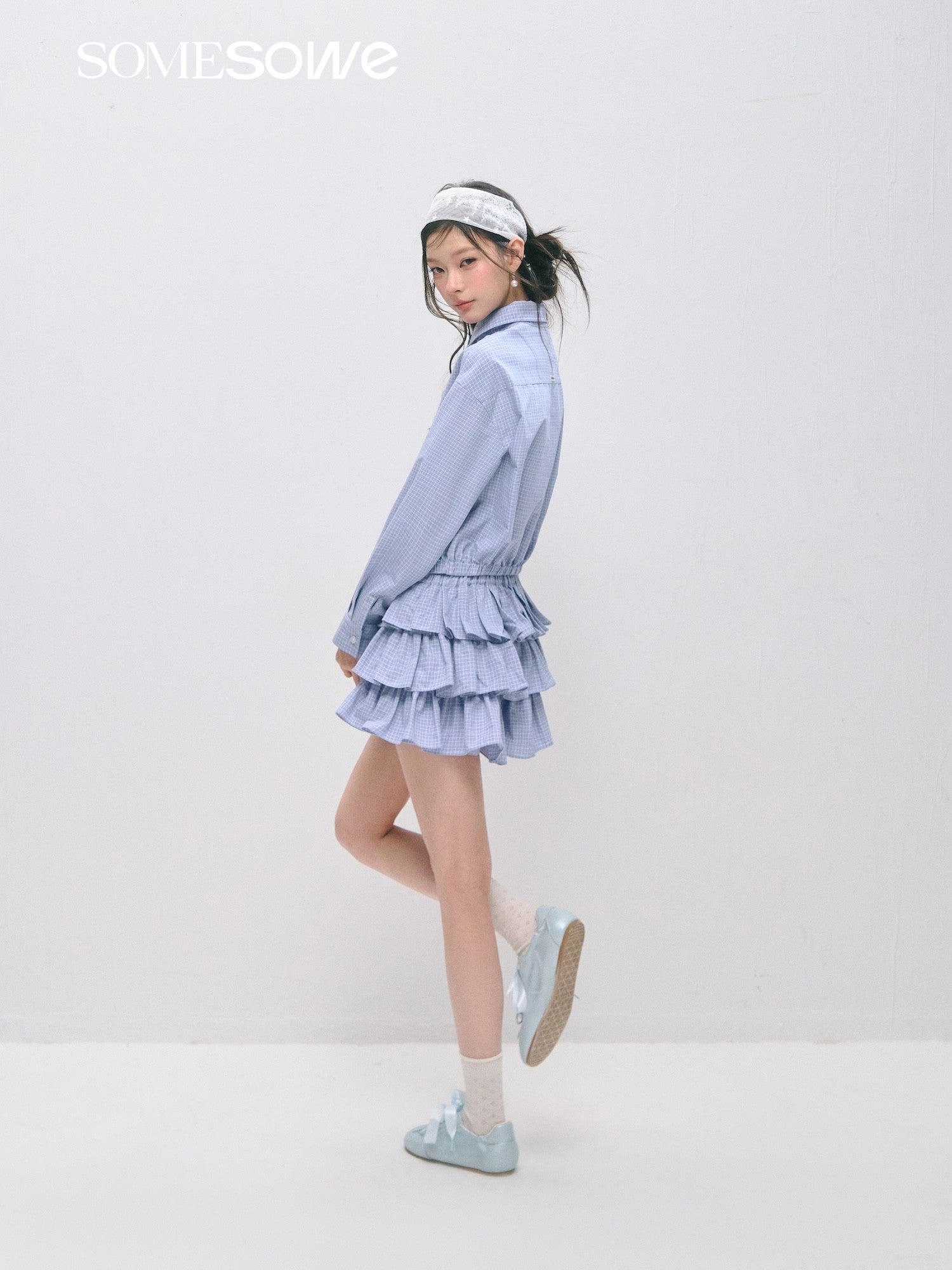SOMESOWE Plaid Pleated Cake Skirt In Light Blue Plaid | MADAX