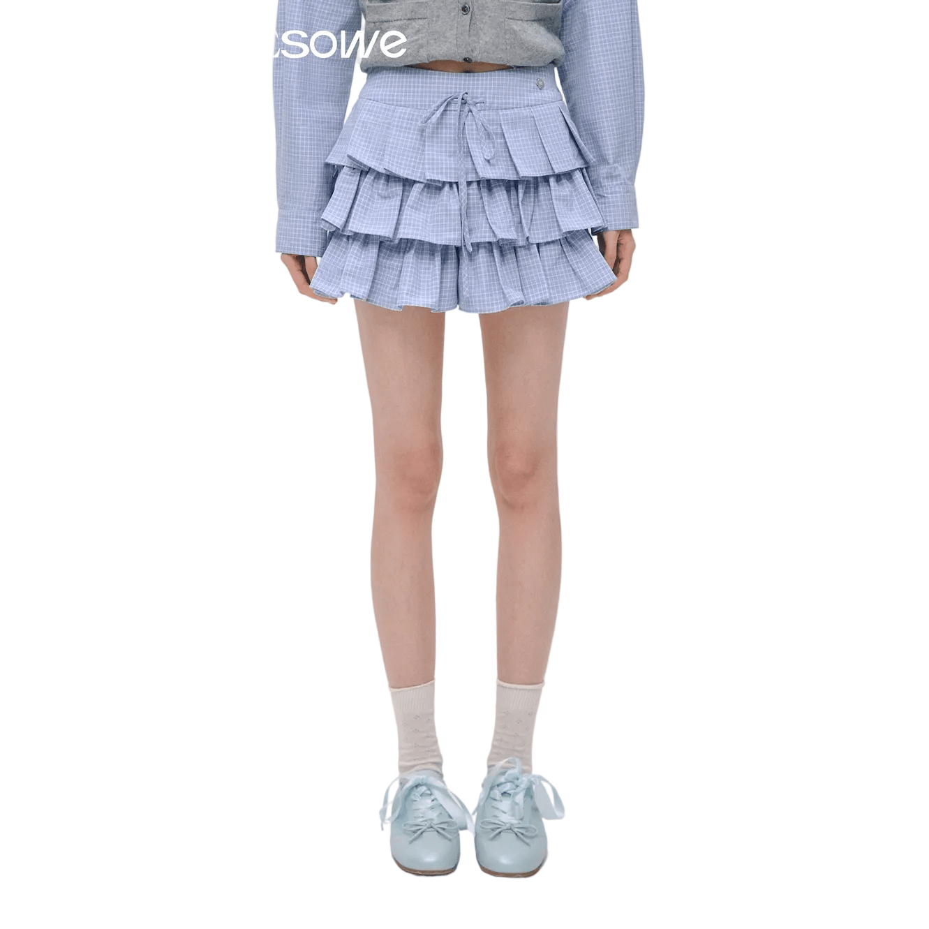 SOMESOWE Plaid Pleated Cake Skirt In Light Blue Plaid | MADAX