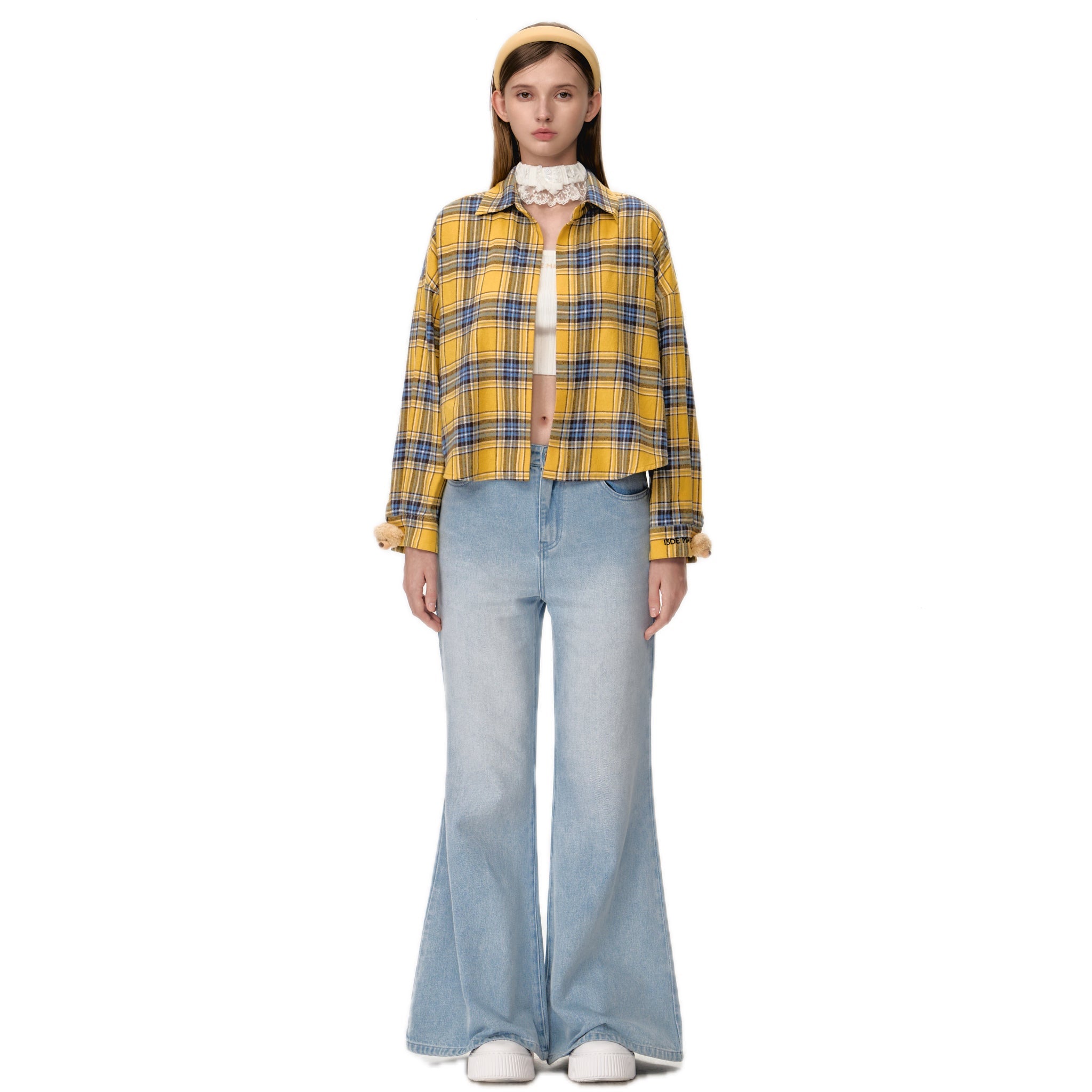 13DE MARZO Plaid Shirt And Jeans Set In Yellow | MADAX