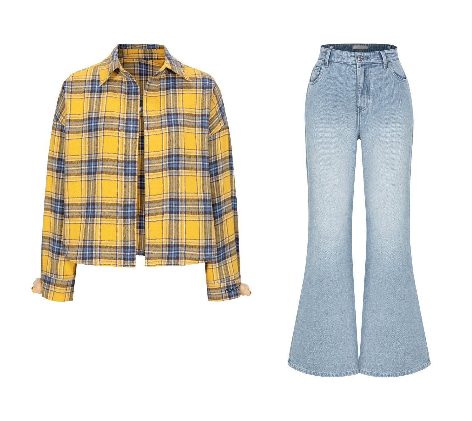 13DE MARZO Plaid Shirt And Jeans Set In Yellow | MADAX