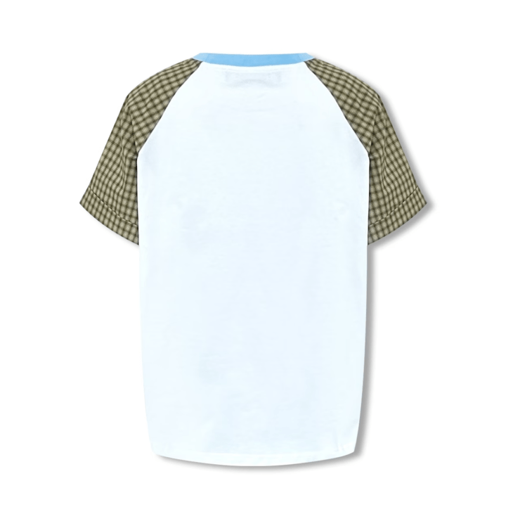 NOT FOR US Plaid Stitching Red Nose Cat Smiley Face Balloon Print Short Sleeves in White | MADAX