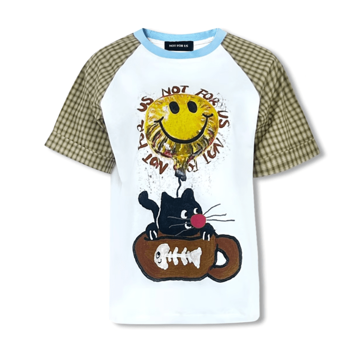 NOT FOR US Plaid Stitching Red Nose Cat Smiley Face Balloon Print Short Sleeves in White | MADAX
