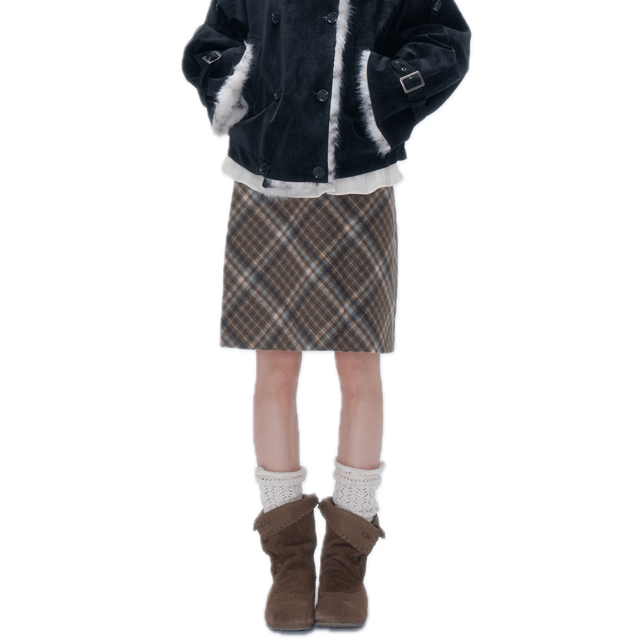 CHAOSCHAOS Plaid Wool Pencil Midi Skirt in Brown - green | MADAX