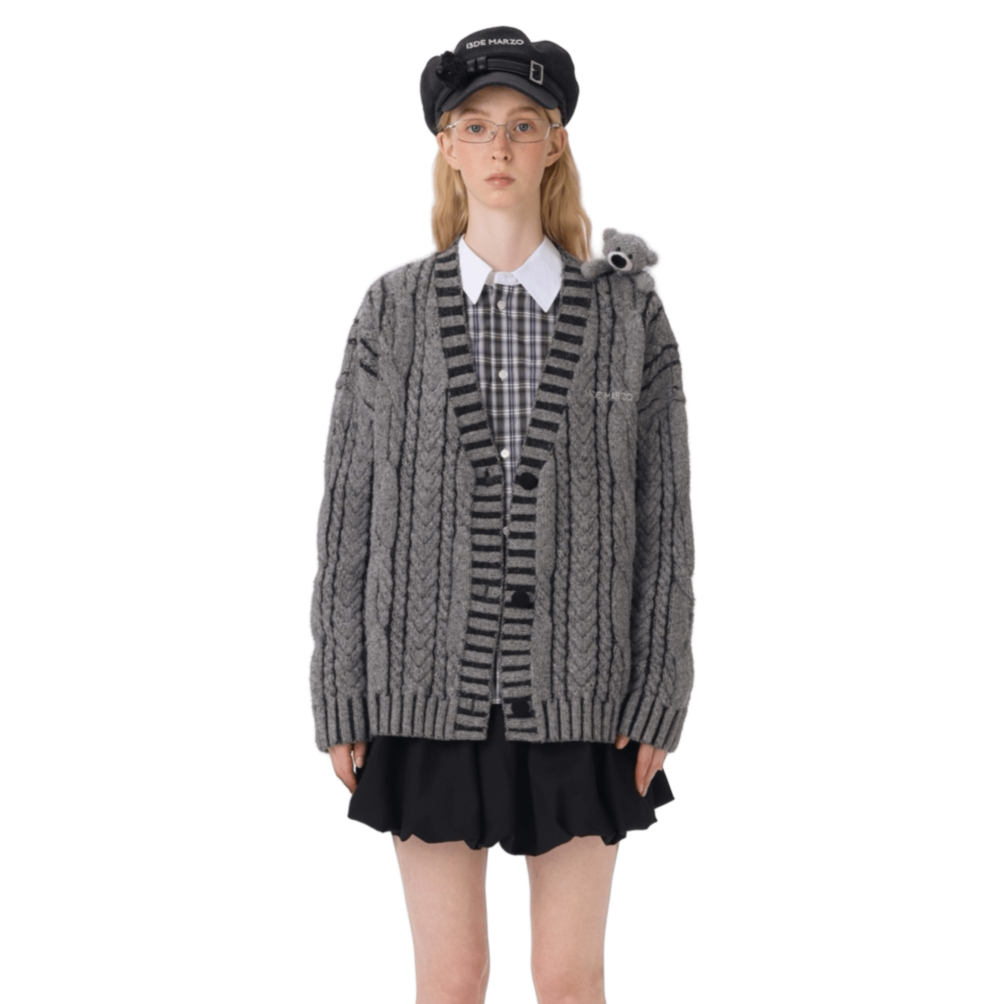 13DE MARZO Plated Cable Knit Cardigan in Gray | MADAX