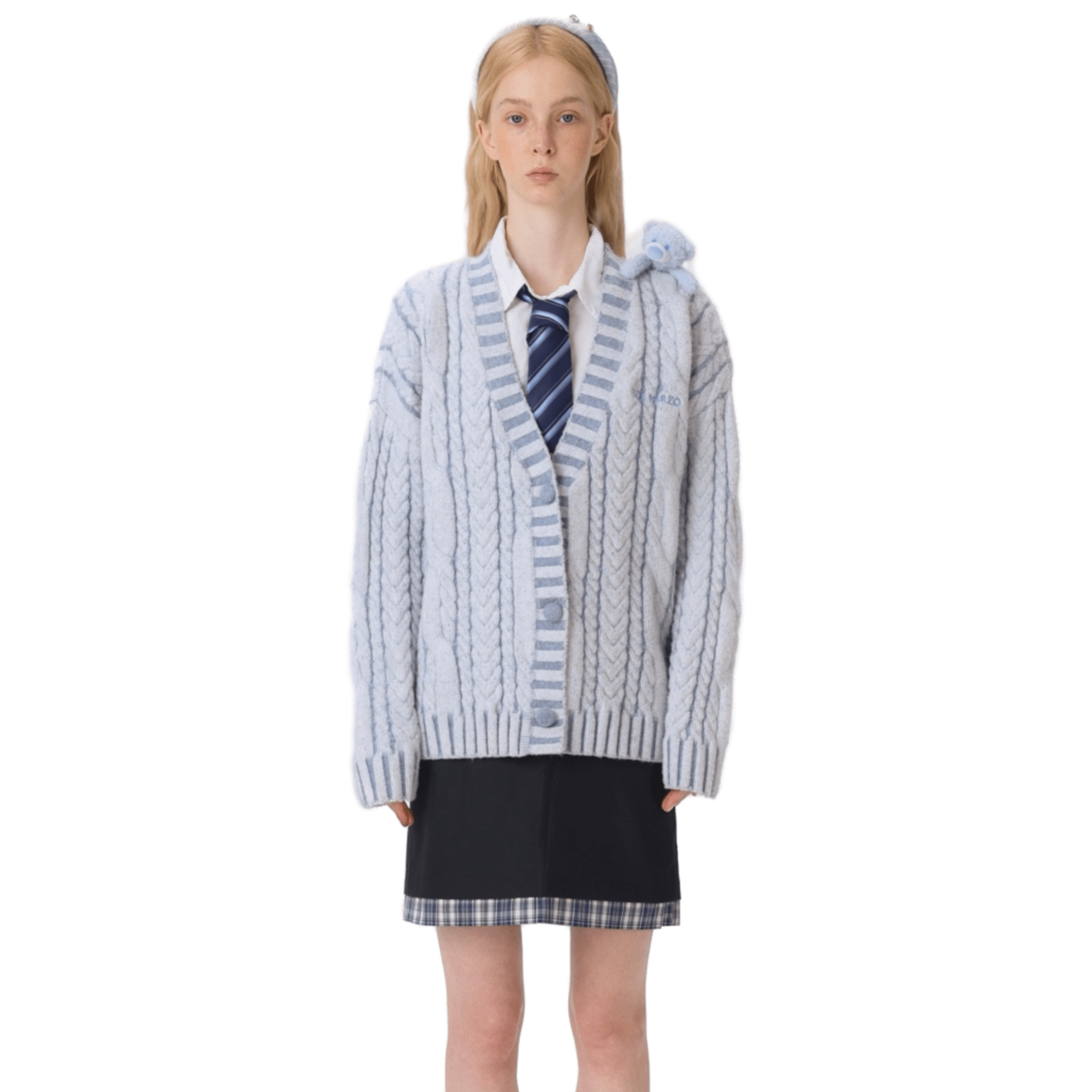 13DE MARZO Plated Cable Knit Cardigan in Light Blue | MADAX