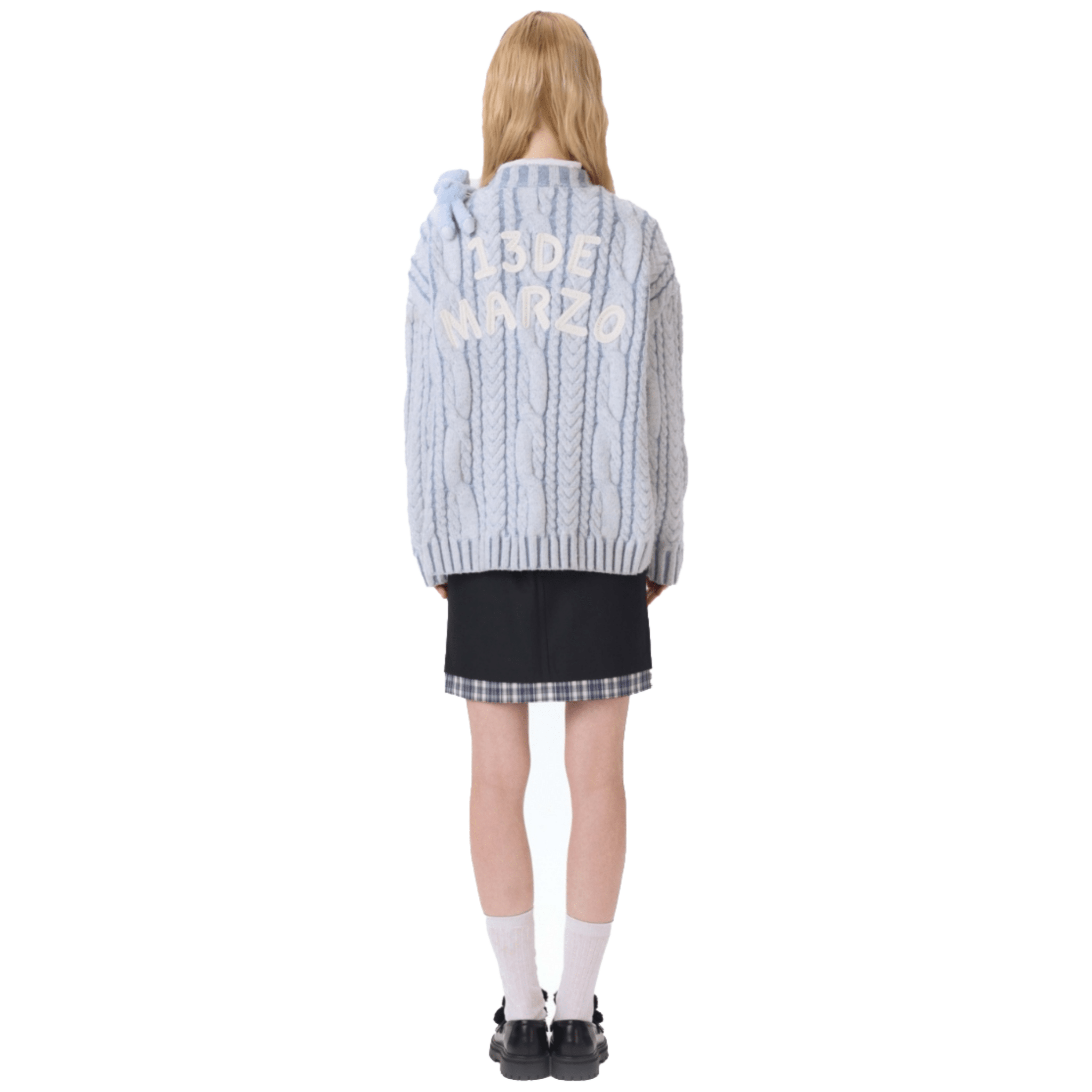 13DE MARZO Plated Cable Knit Cardigan in Light Blue | MADAX