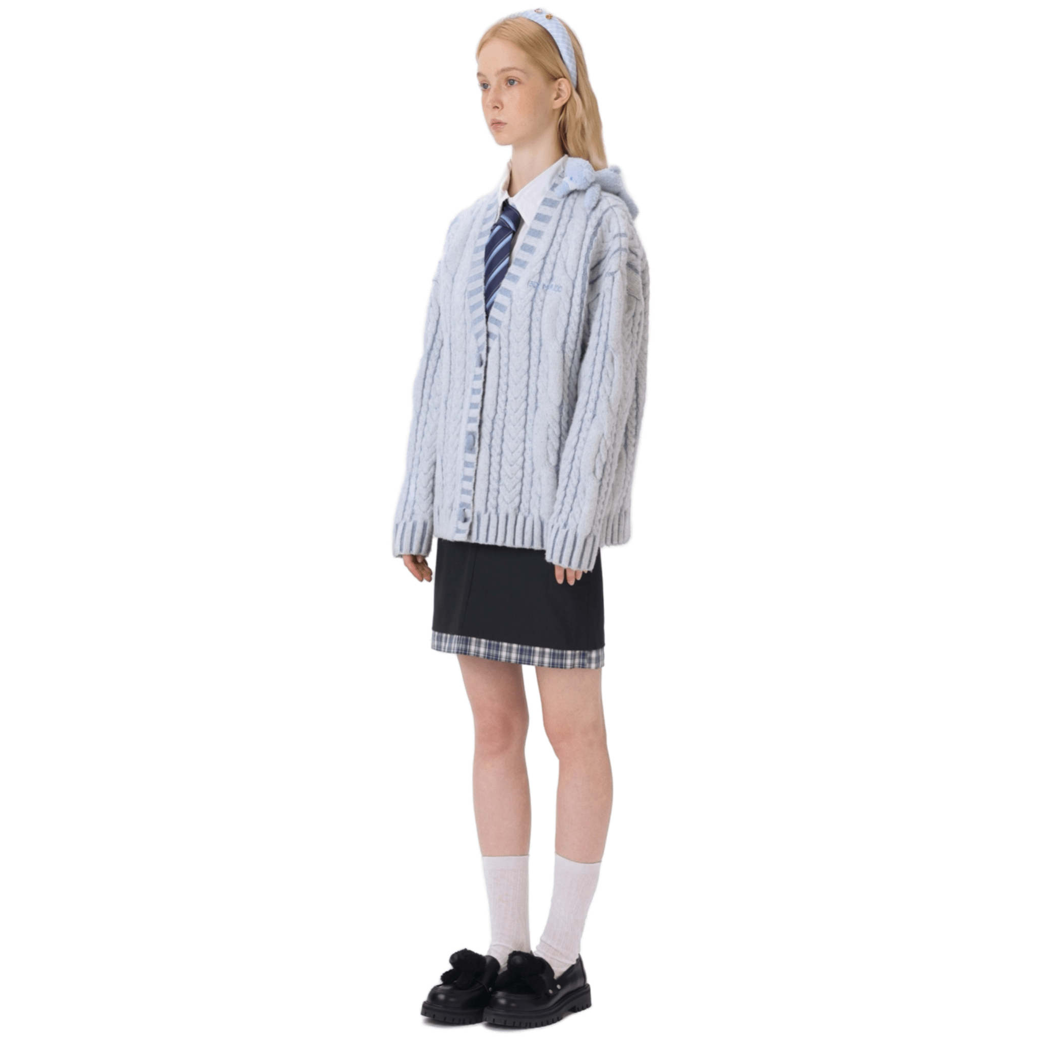 13DE MARZO Plated Cable Knit Cardigan in Light Blue | MADAX