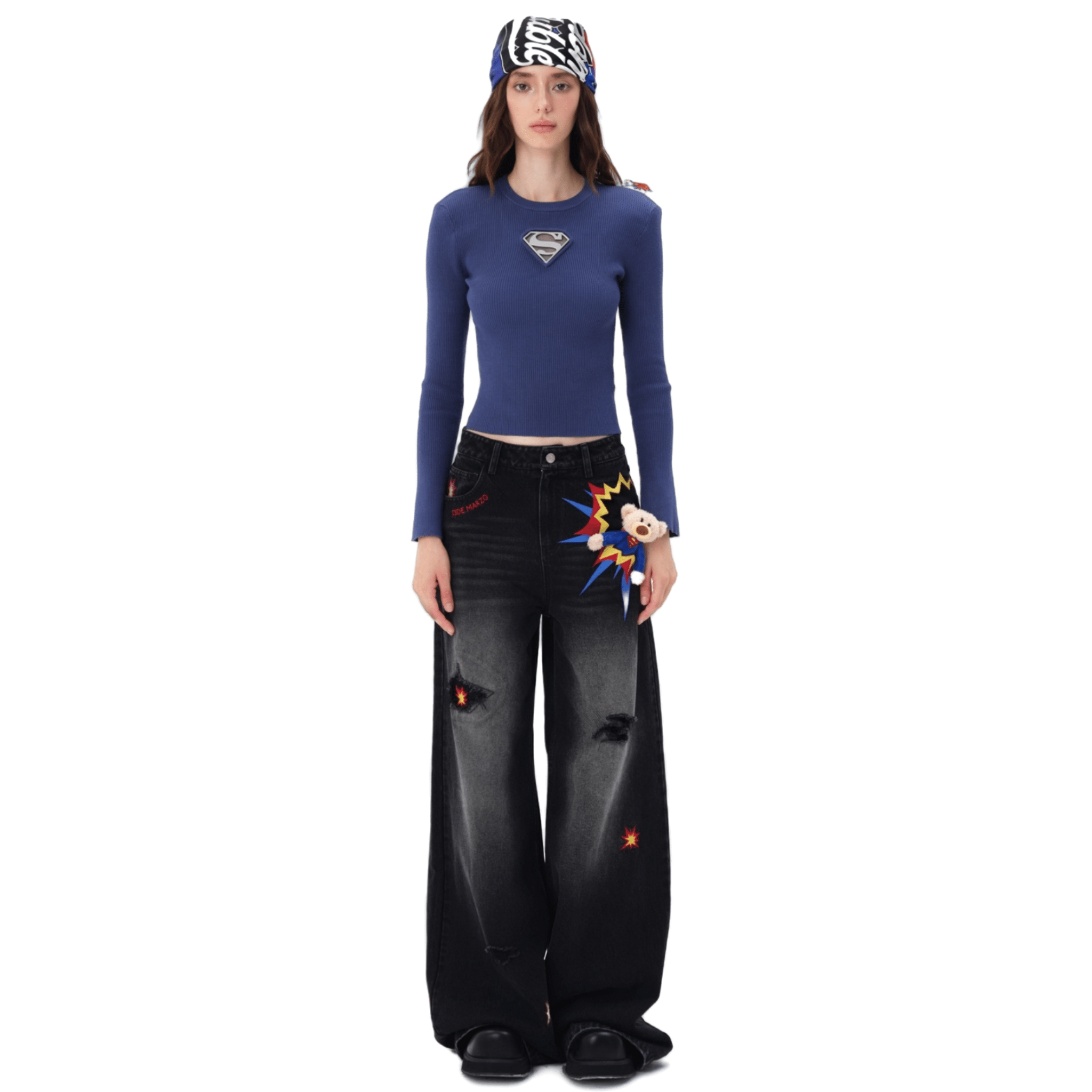 13DE MARZO Pocket 3D Superman Bear Jeans in Black | MADAX