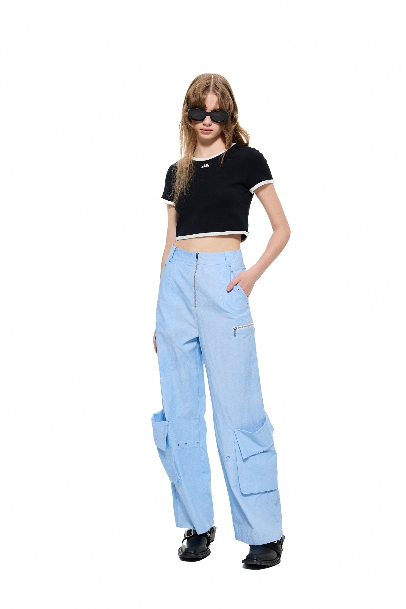 Pocket Wide-Leg Cargo Trousers in Blue | MADAX