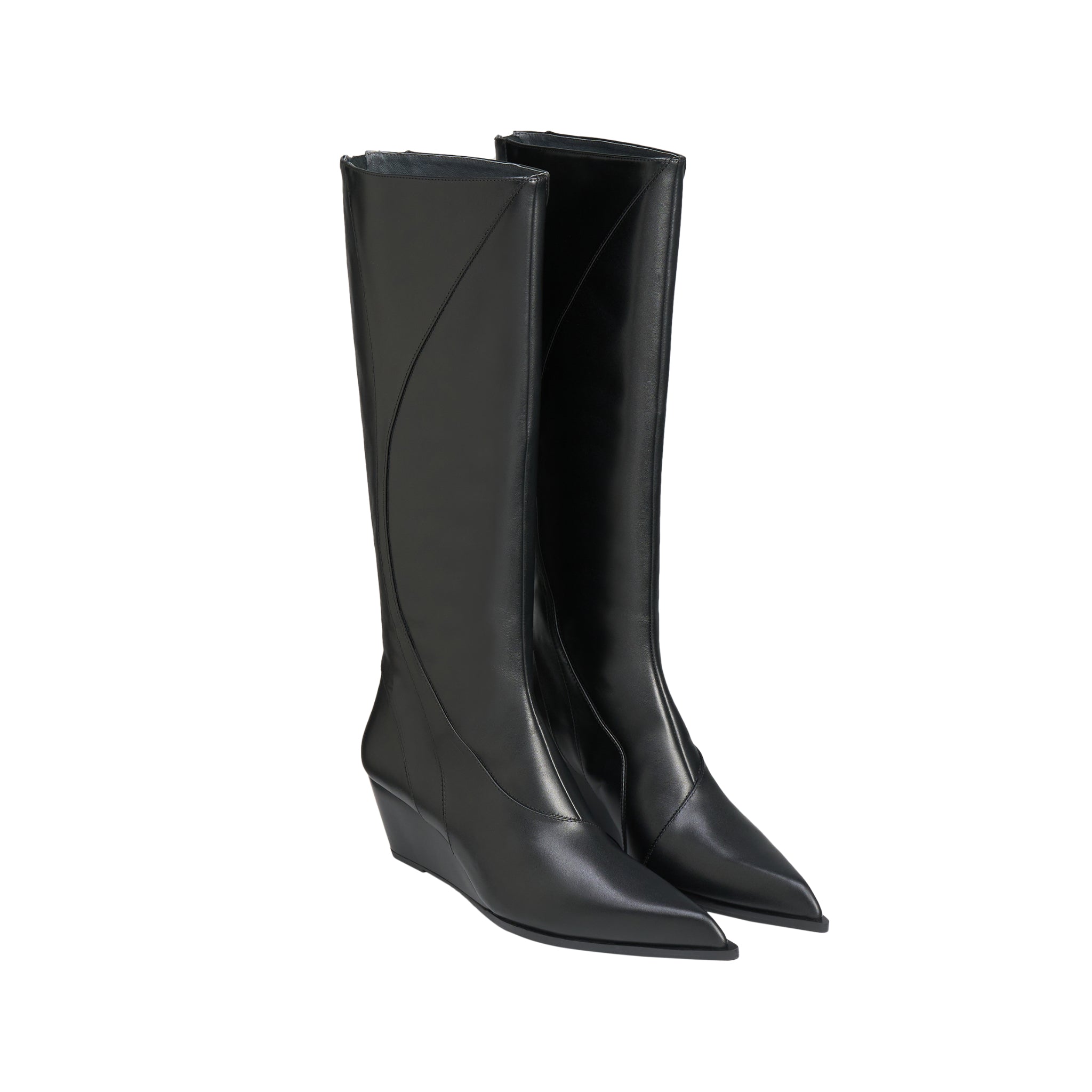 LOST IN ECHO Pointy Line Spliced Thigh High Boots In Black | MADAX