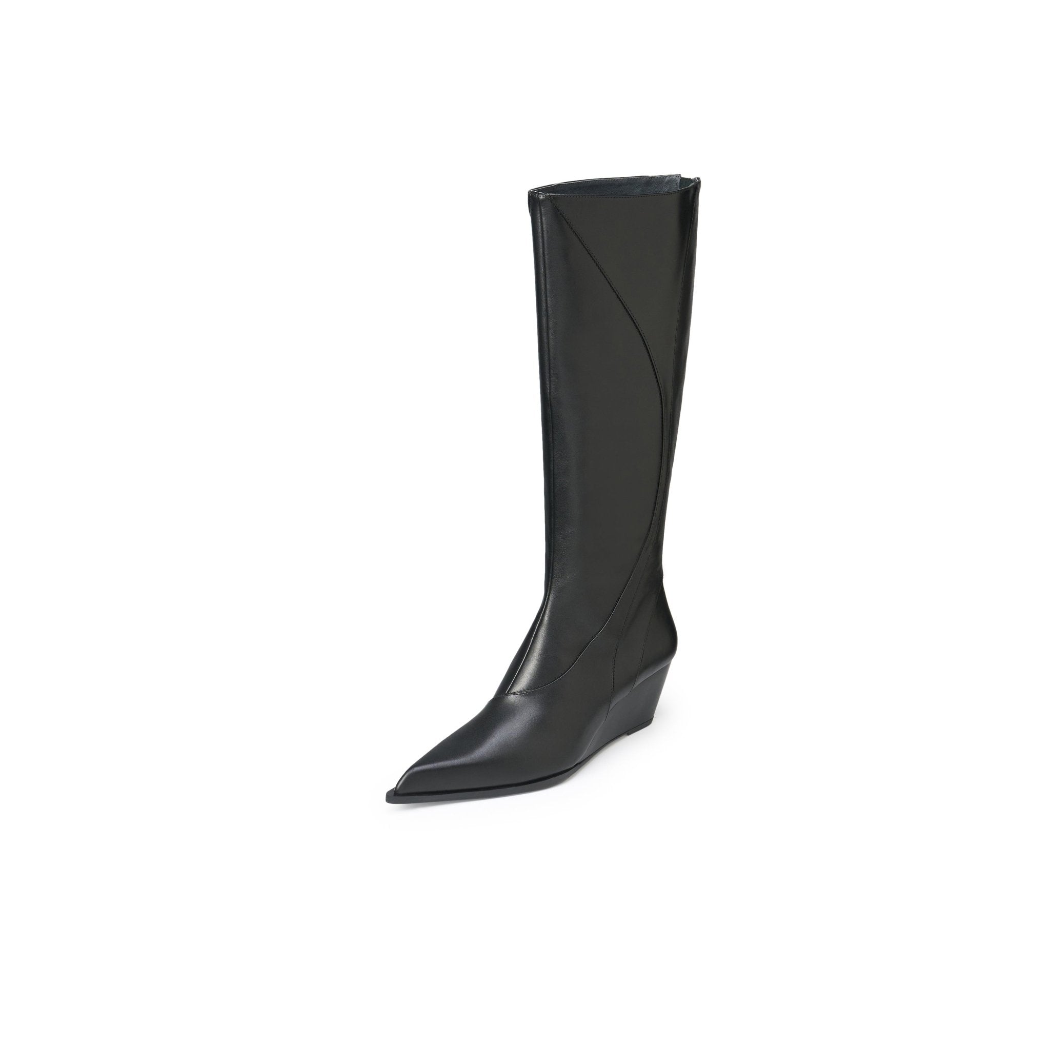 LOST IN ECHO Pointy Line Spliced Thigh High Boots In Black | MADAX