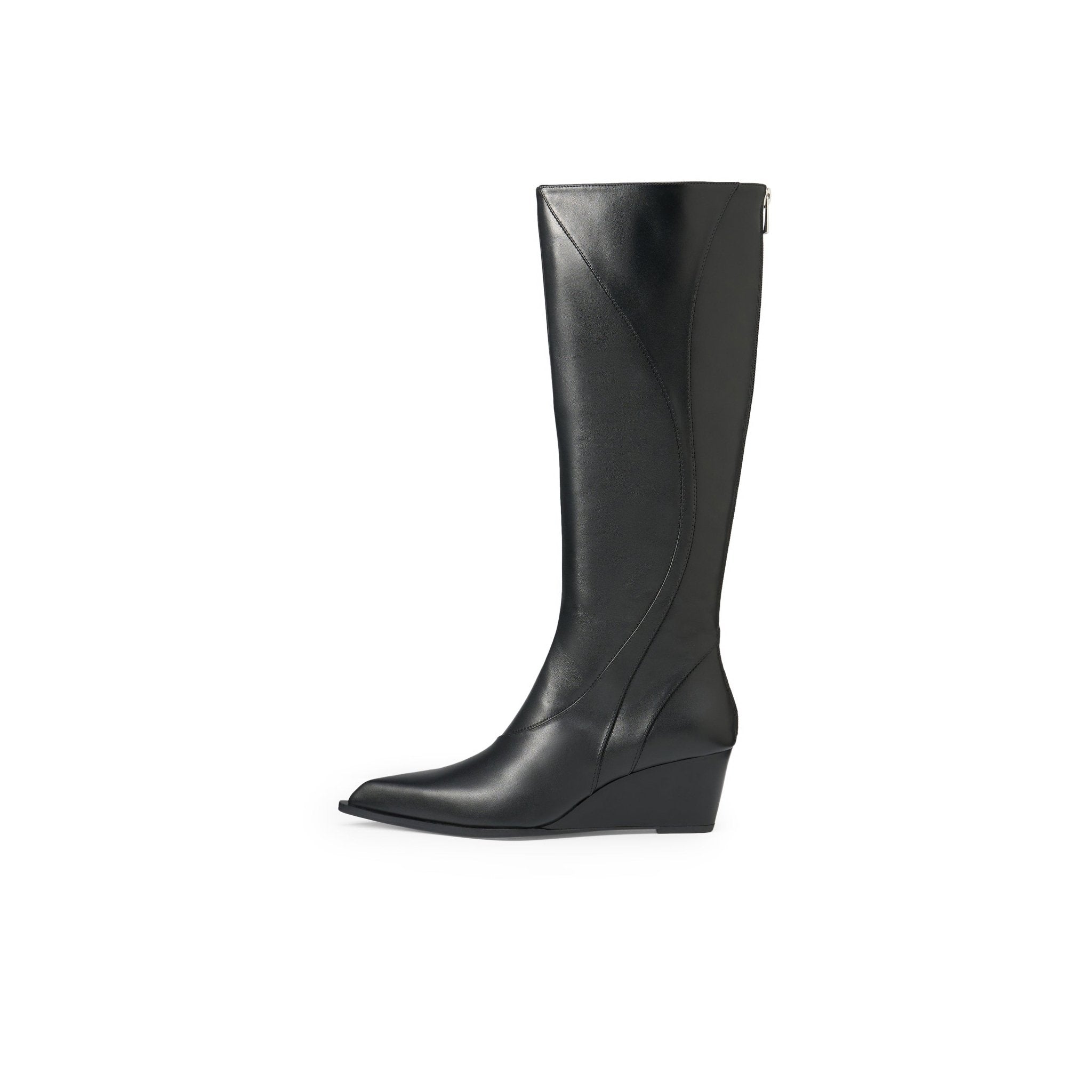 LOST IN ECHO Pointy Line Spliced Thigh High Boots In Black | MADAX