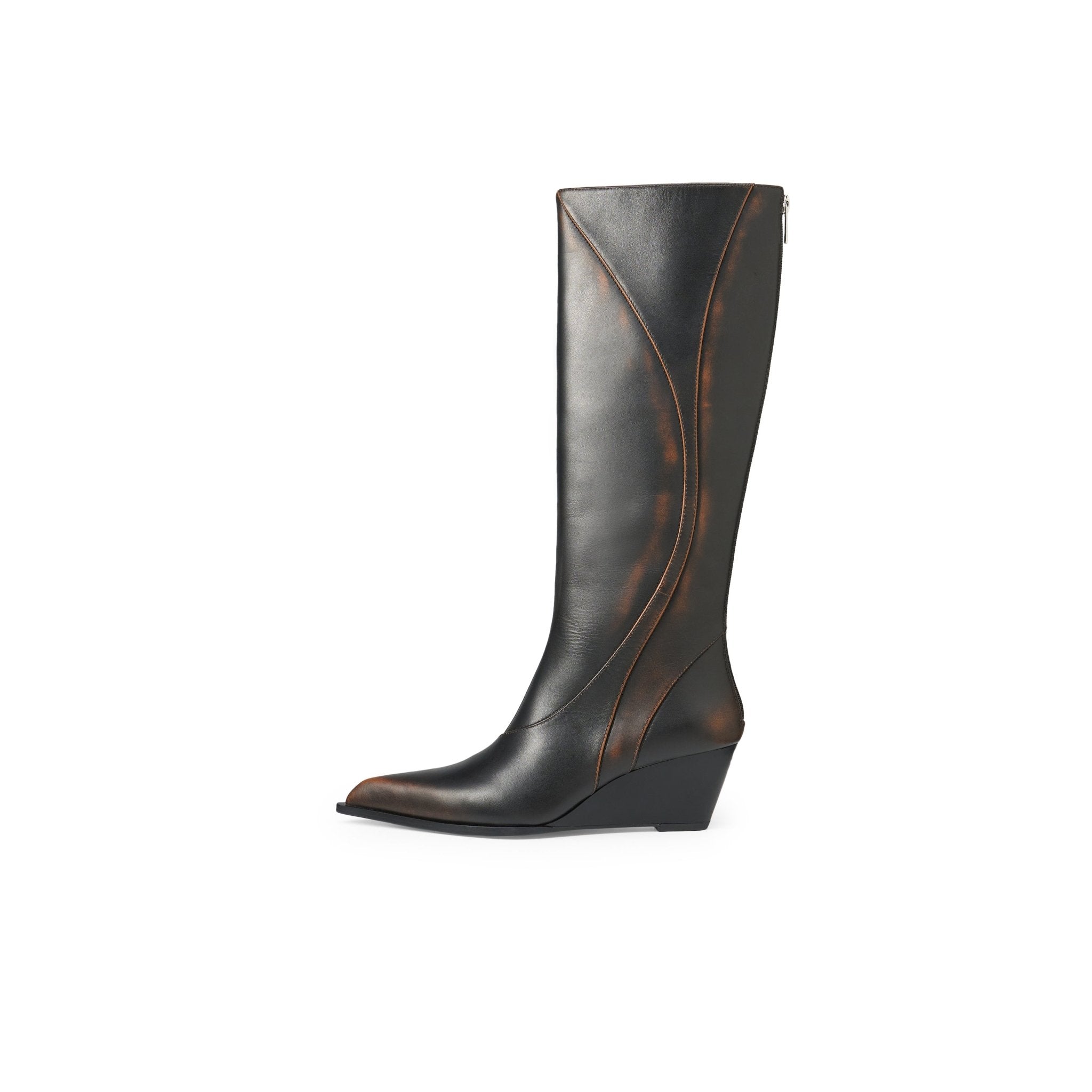 LOST IN ECHO Pointy Line Spliced Thigh High Boots In Dark Brown | MADAX