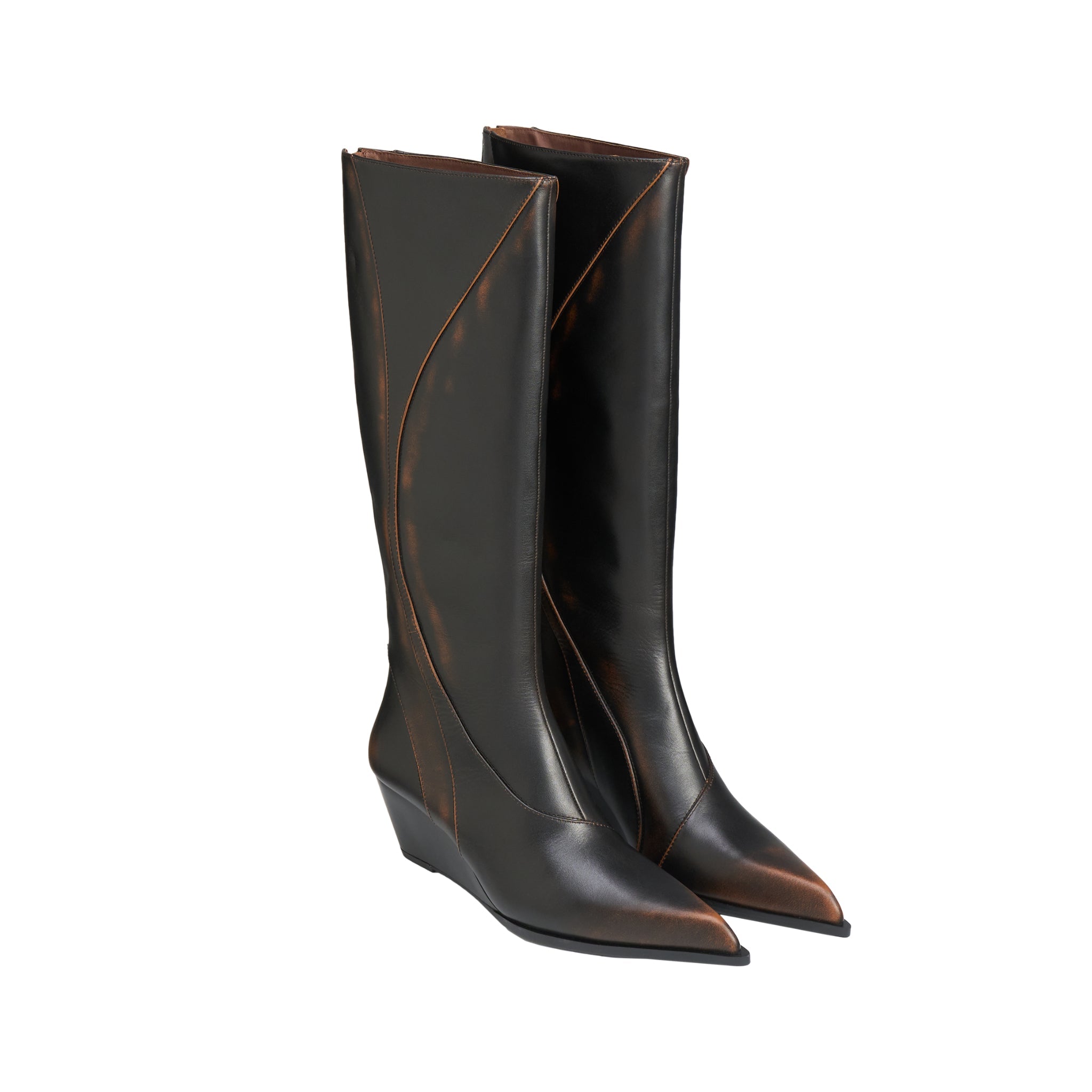 LOST IN ECHO Pointy Line Spliced Thigh High Boots In Dark Brown | MADAX