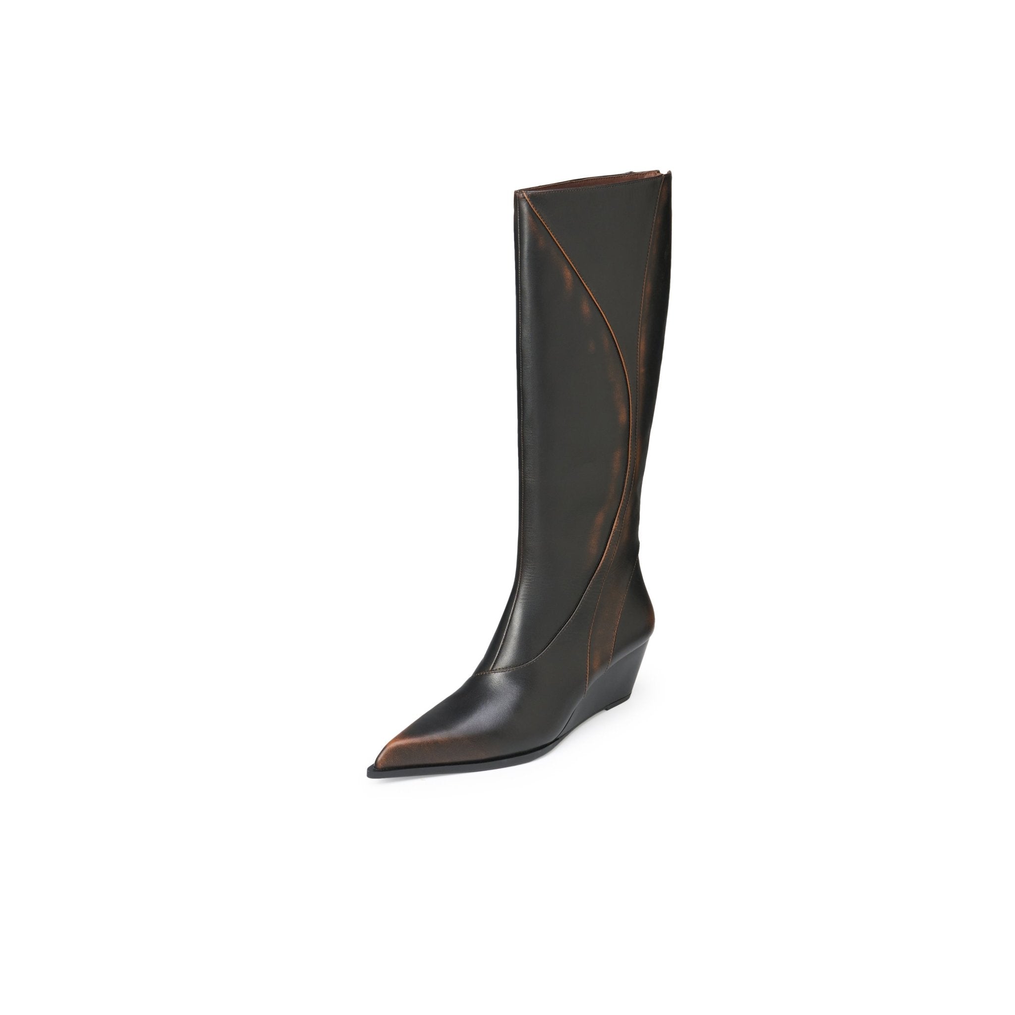 LOST IN ECHO Pointy Line Spliced Thigh High Boots In Dark Brown | MADAX