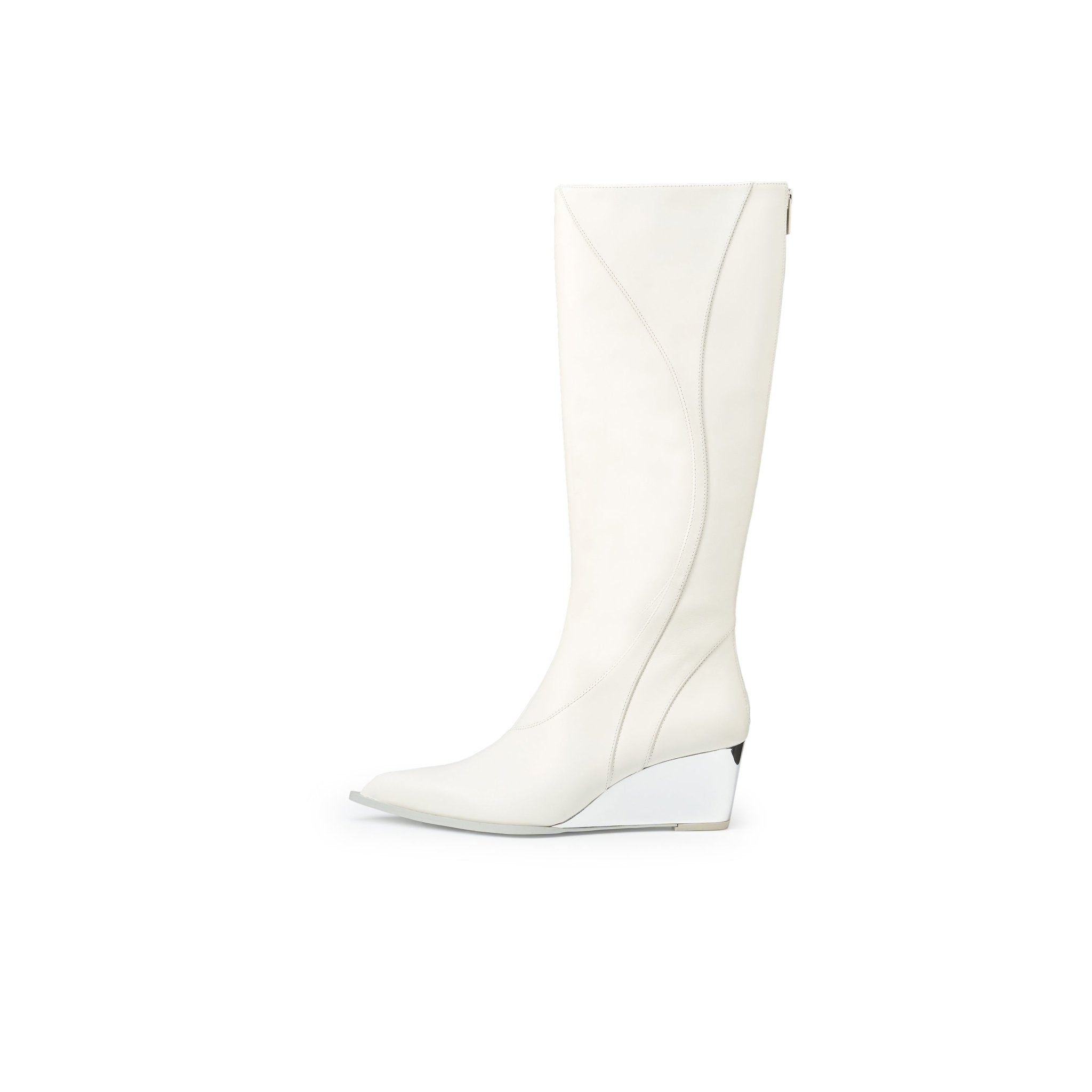 LOST IN ECHO Pointy Line Spliced Thigh High Boots In White | MADAX