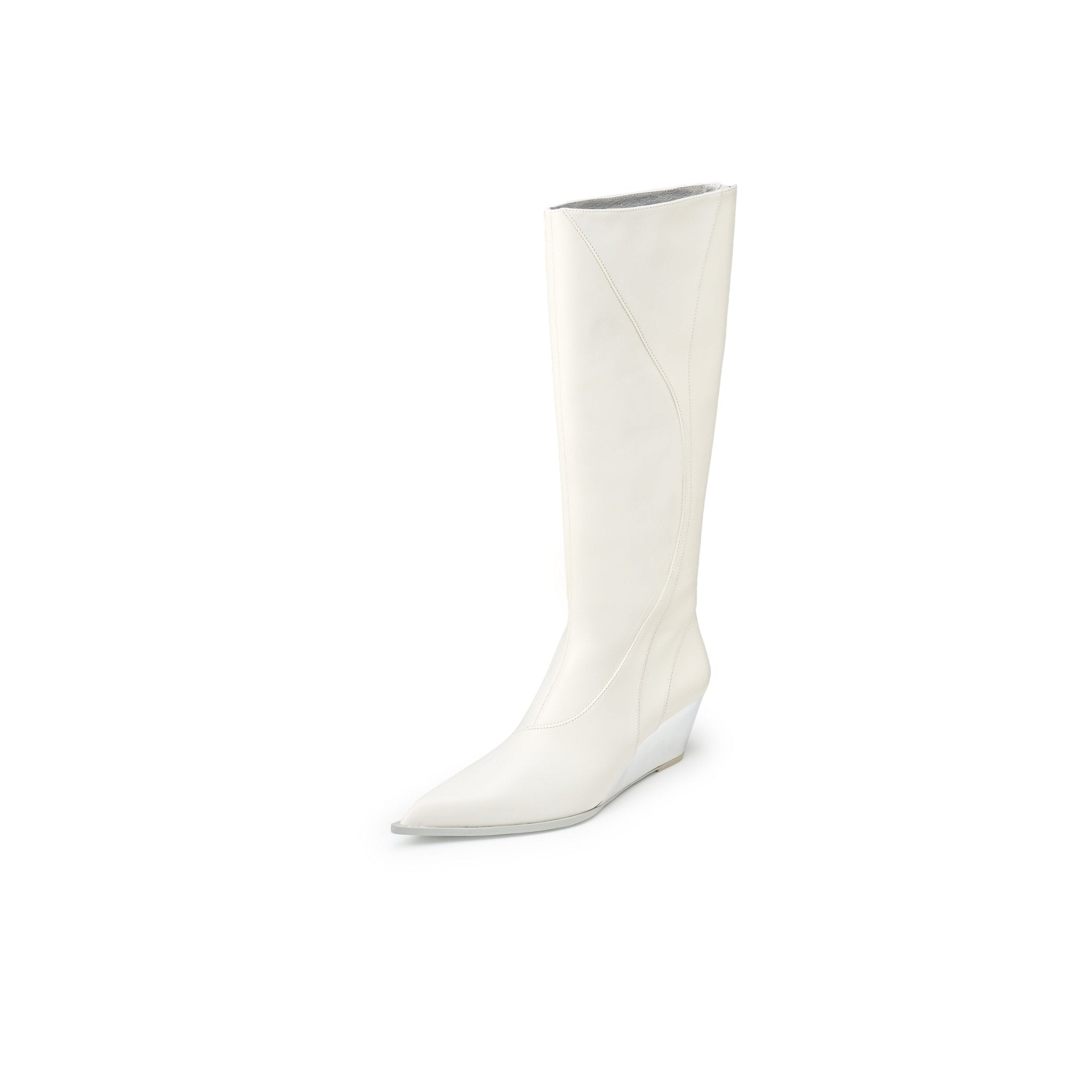 LOST IN ECHO Pointy Line Spliced Thigh High Boots In White | MADAX