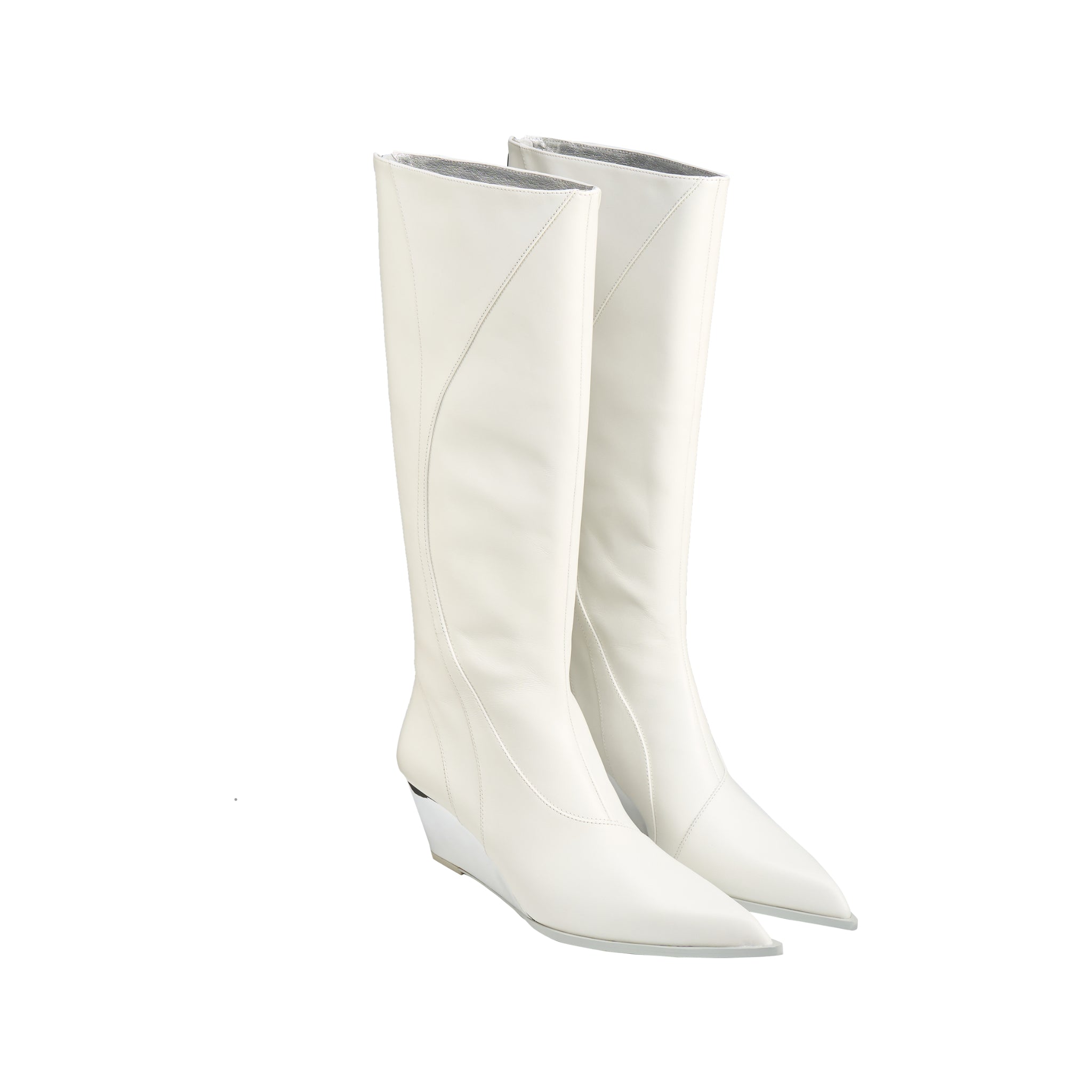 LOST IN ECHO Pointy Line Spliced Thigh High Boots In White | MADAX