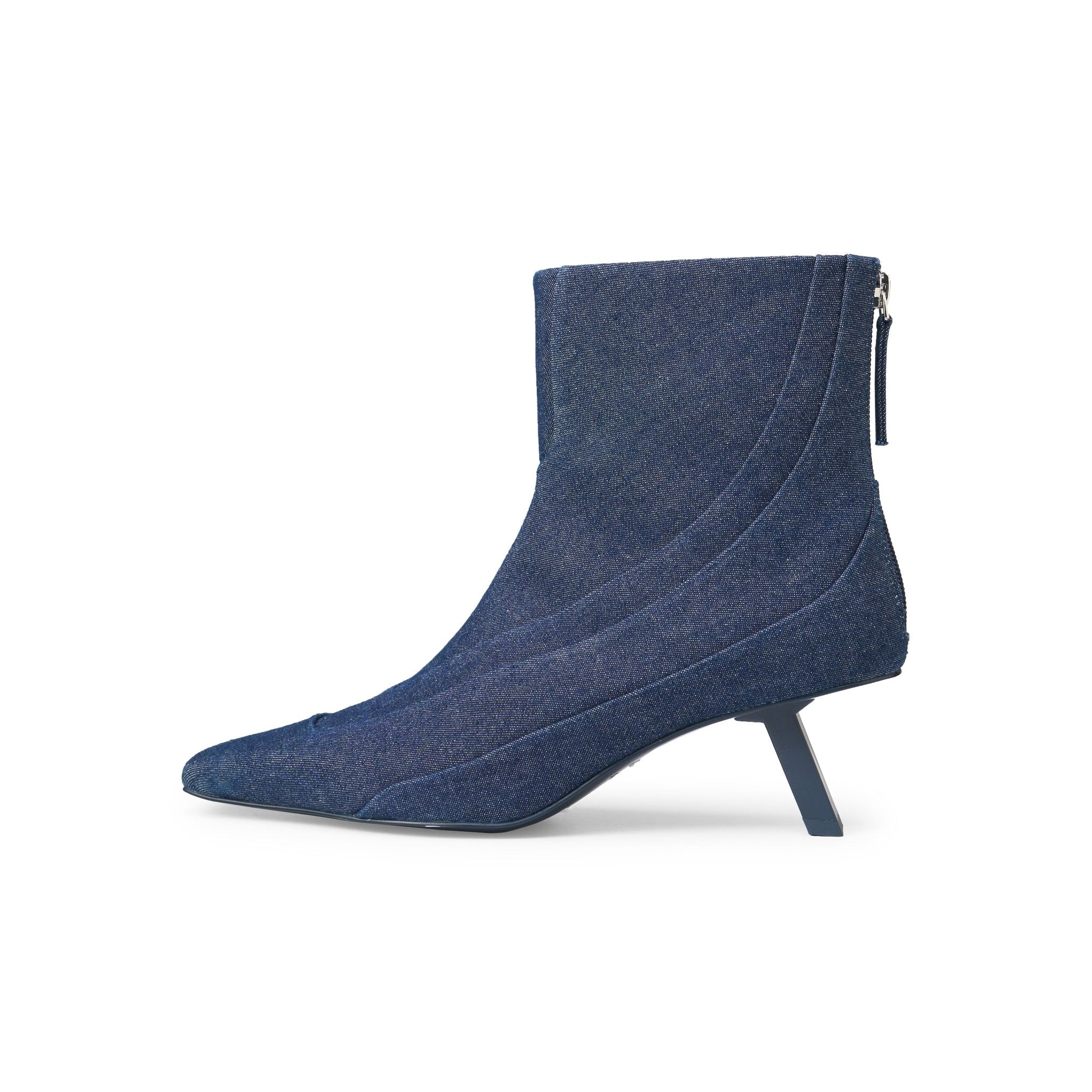 LOST IN ECHO Pointy - Toed Patchwork Low - heeled Ankle Boots In Denim | MADAX