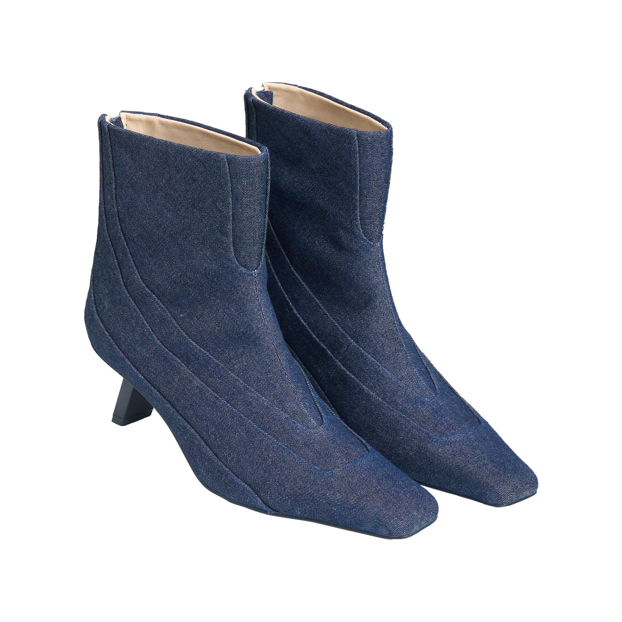 LOST IN ECHO Pointy - Toed Patchwork Low - heeled Ankle Boots In Denim | MADAX