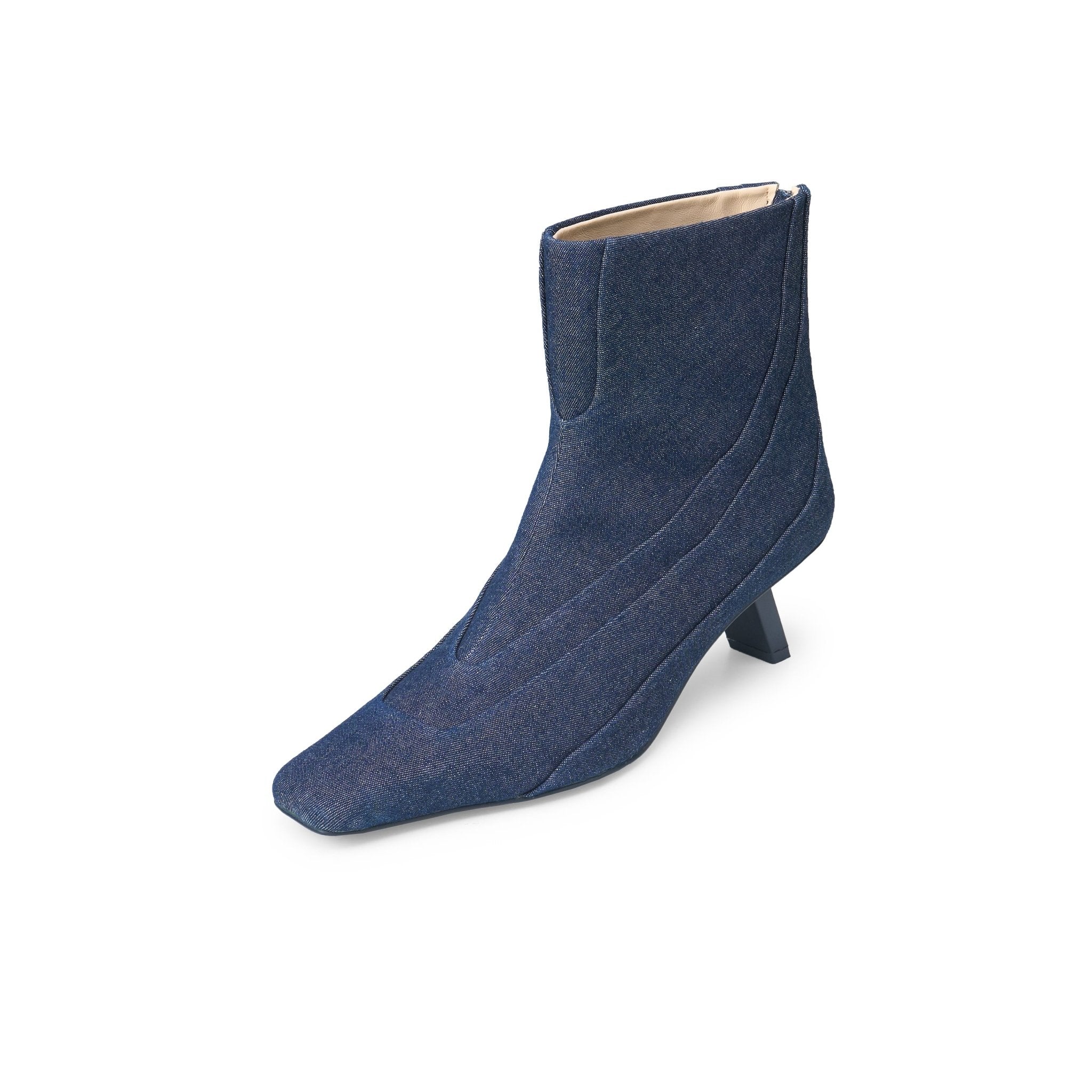 LOST IN ECHO Pointy - Toed Patchwork Low - heeled Ankle Boots In Denim | MADAX