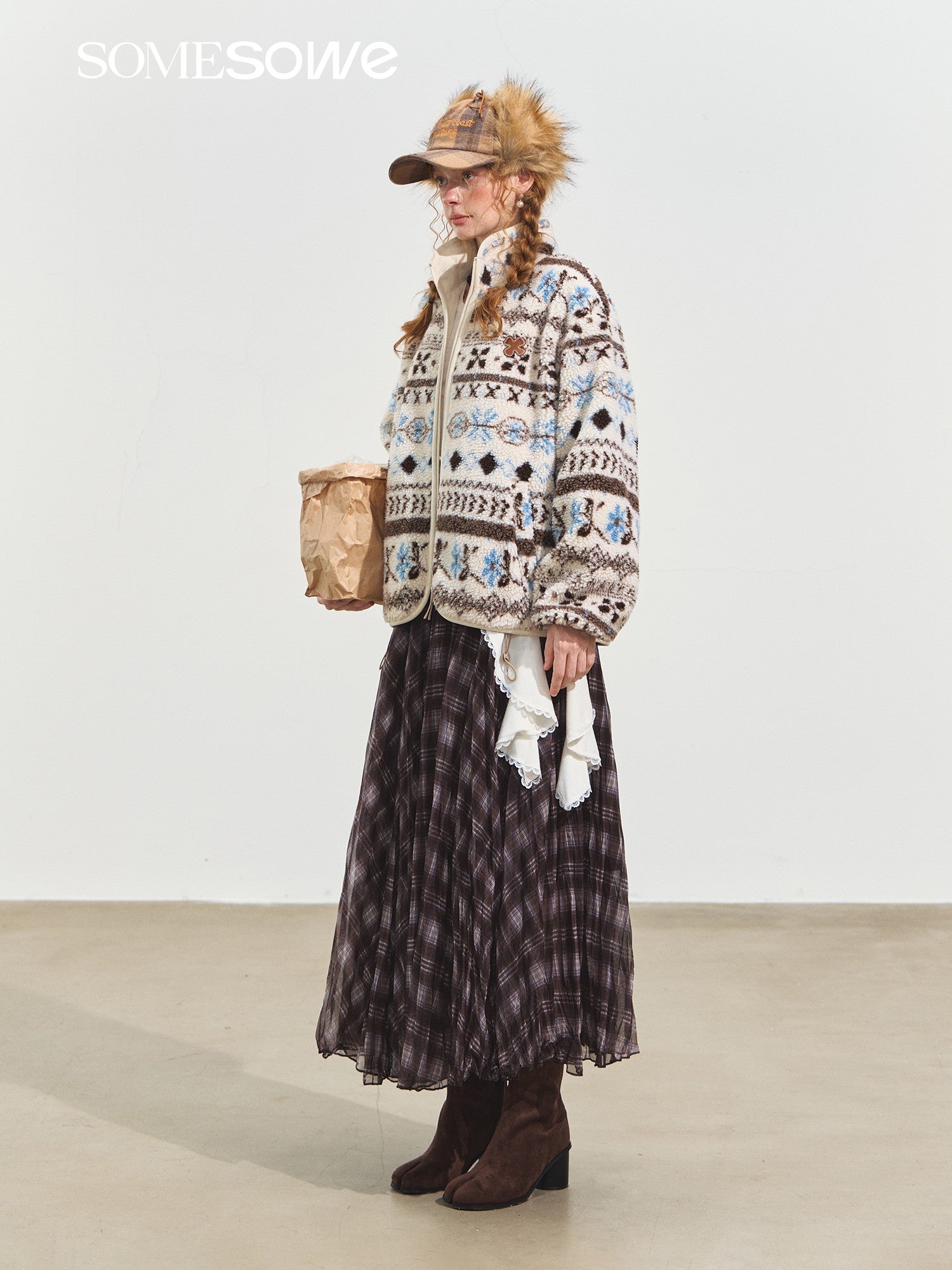 SOMESOWE Polar Fleece Jacquard Stand Collar Coat In White | MADAX