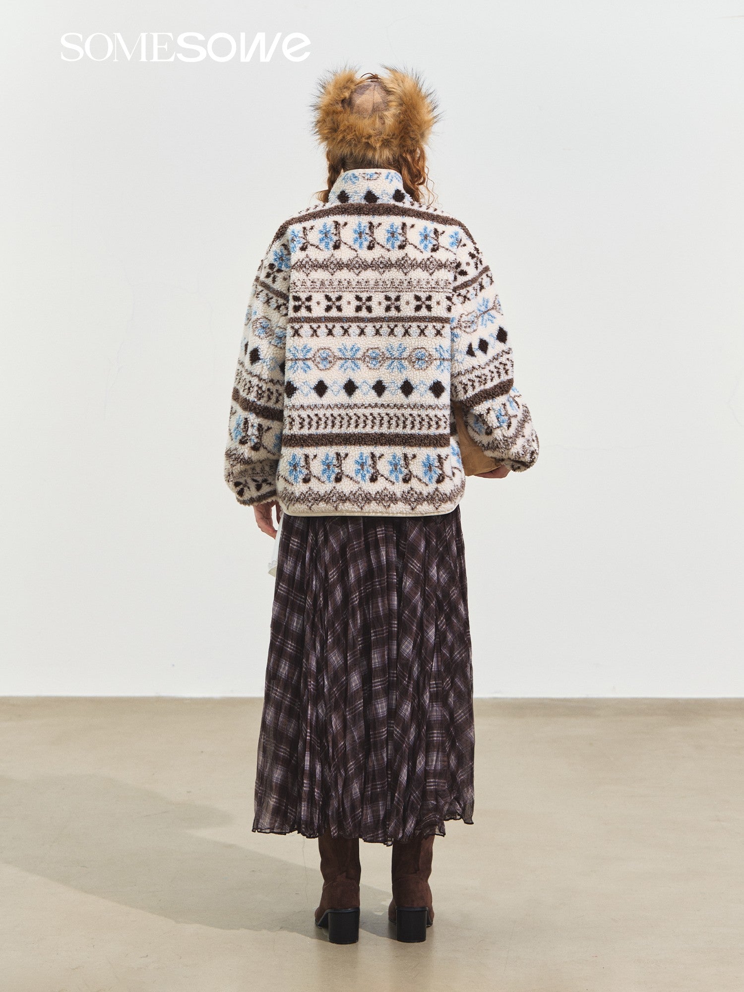 SOMESOWE Polar Fleece Jacquard Stand Collar Coat In White | MADAX