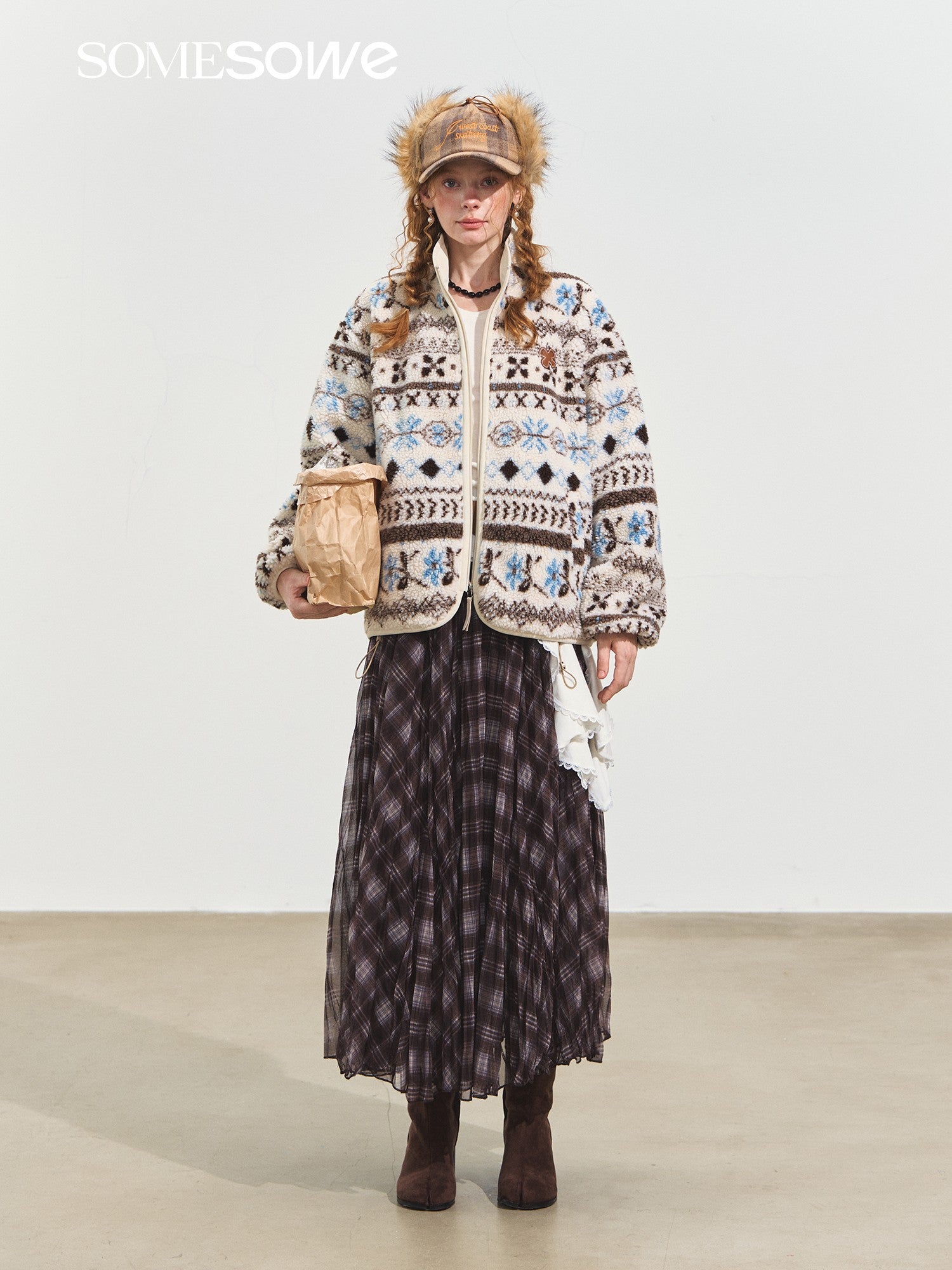 SOMESOWE Polar Fleece Jacquard Stand Collar Coat In White | MADAX