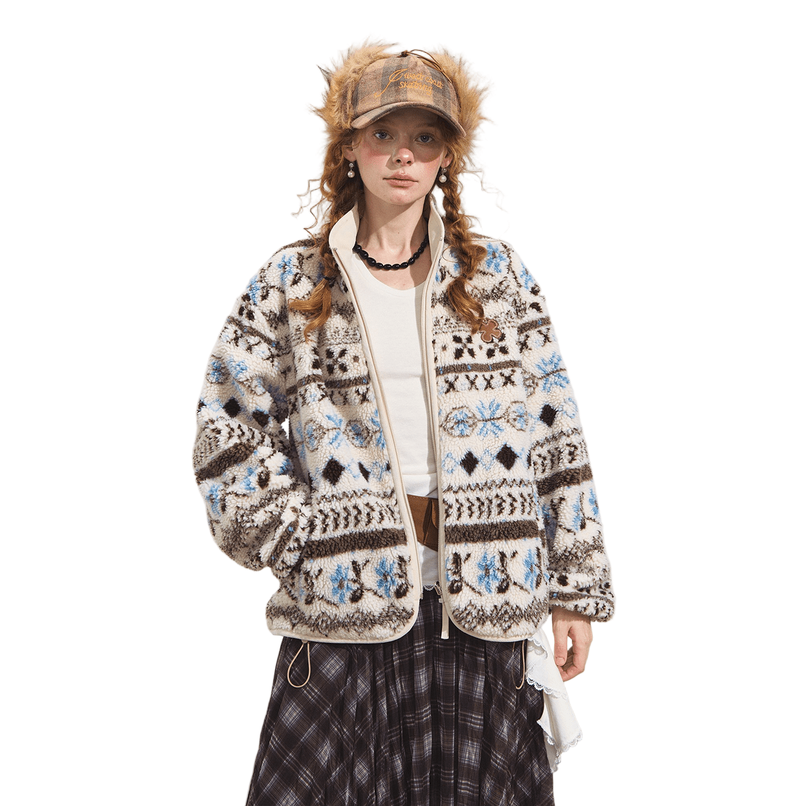 SOMESOWE Polar Fleece Jacquard Stand Collar Coat In White | MADAX