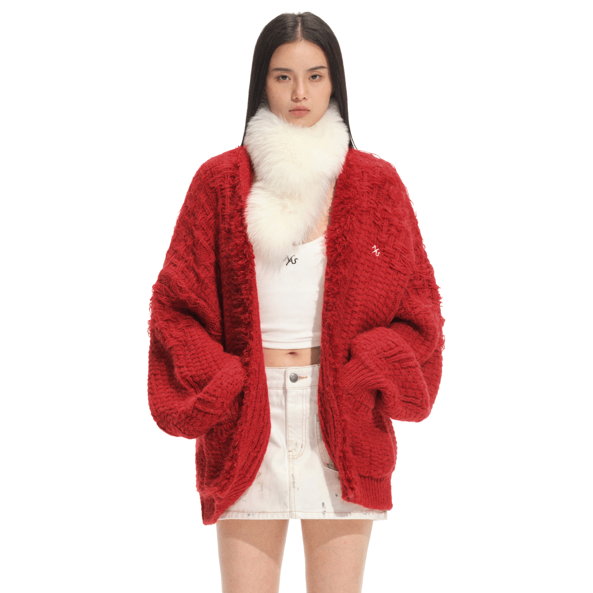 NAWS Polar Fur Collar Sweater Coat in Red | MADAX