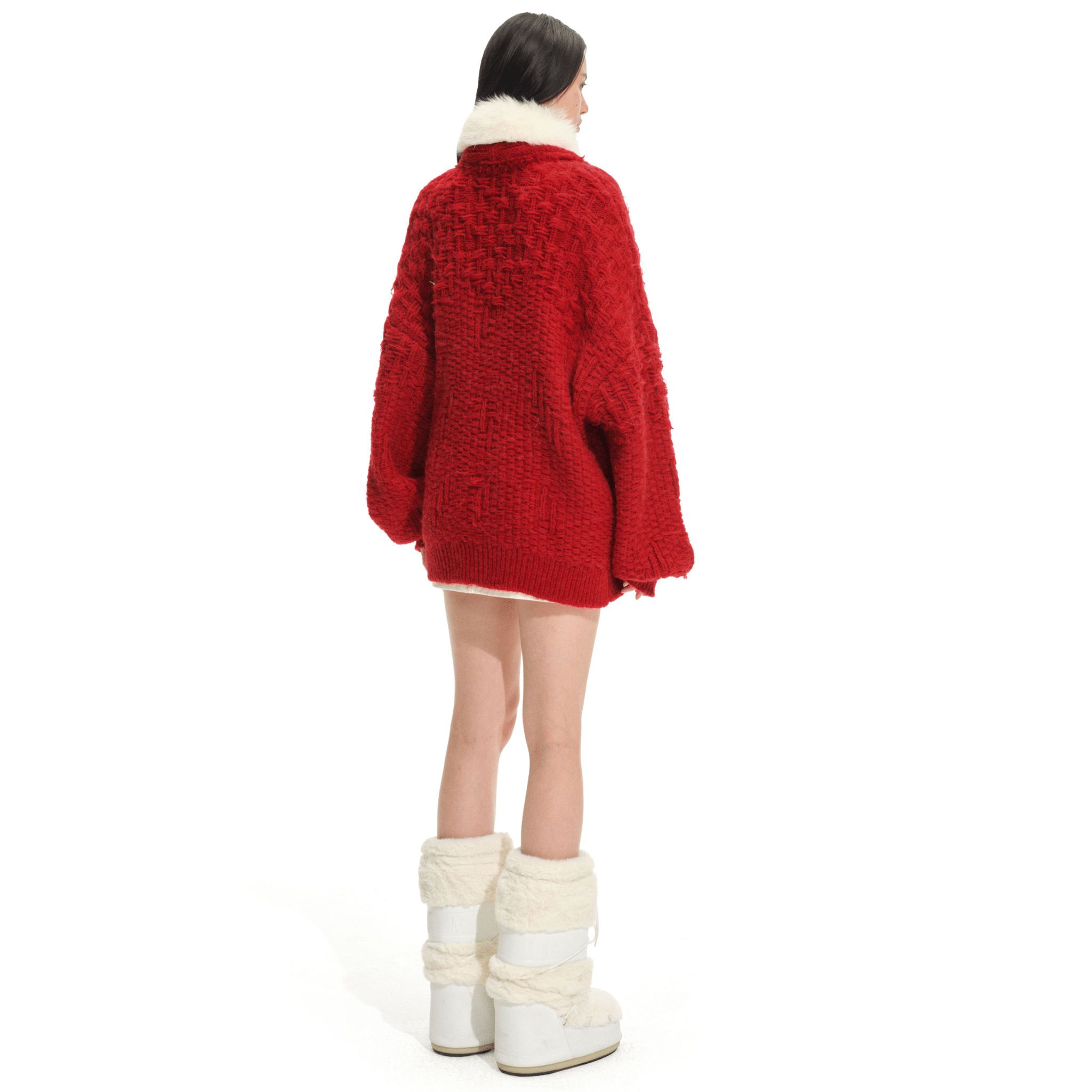 NAWS Polar Fur Collar Sweater Coat in Red | MADAX