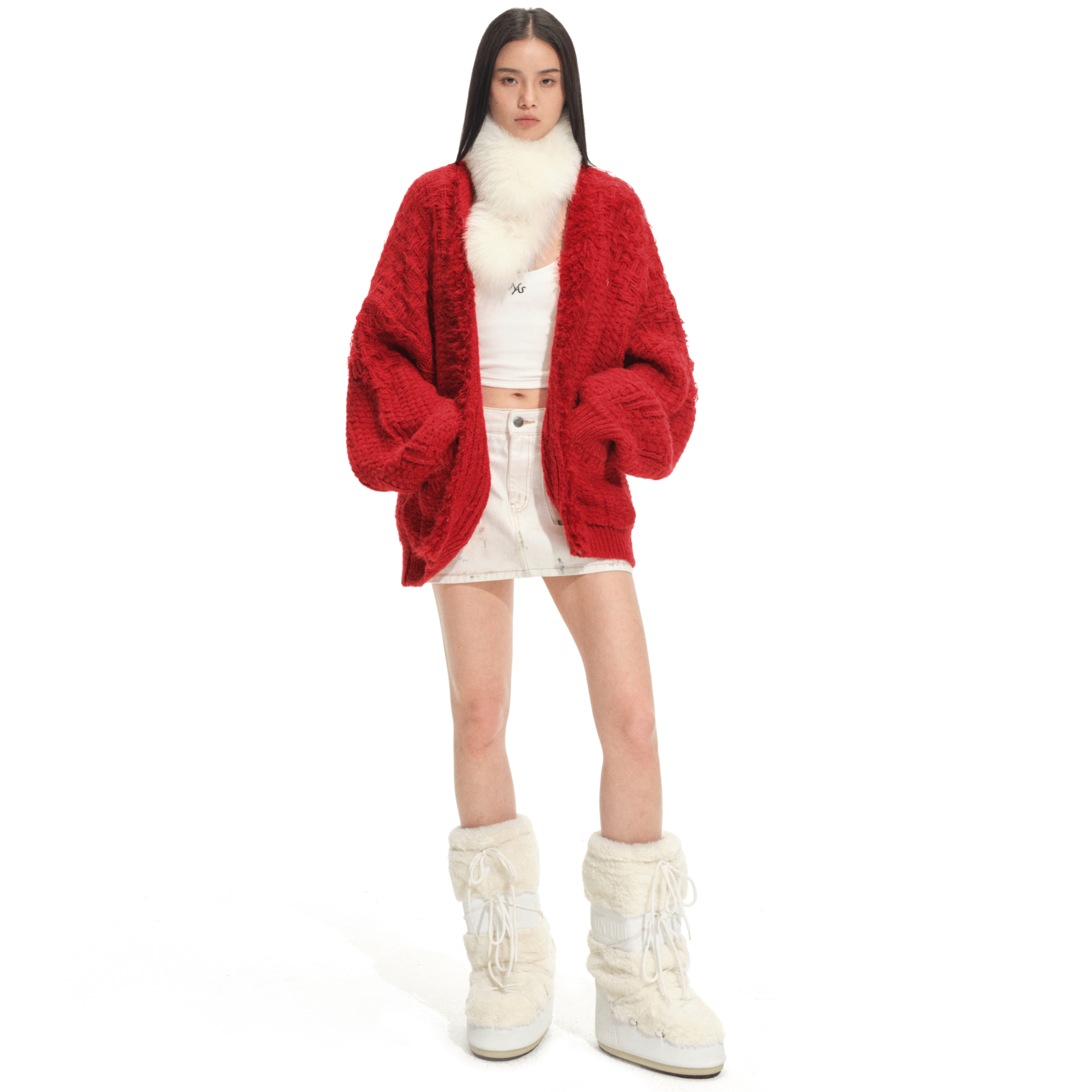 NAWS Polar Fur Collar Sweater Coat in Red | MADAX