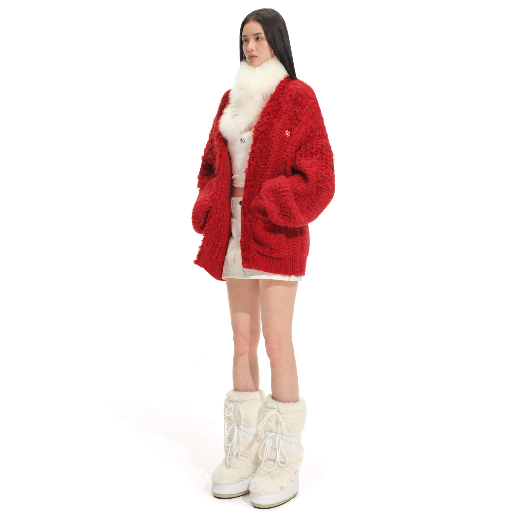 NAWS Polar Fur Collar Sweater Coat in Red | MADAX