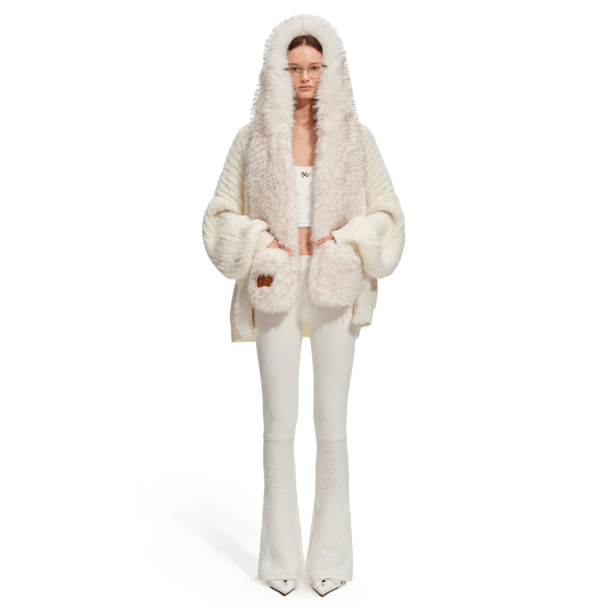 NAWS Polar Fur Collar Sweater Coat in White | MADAX