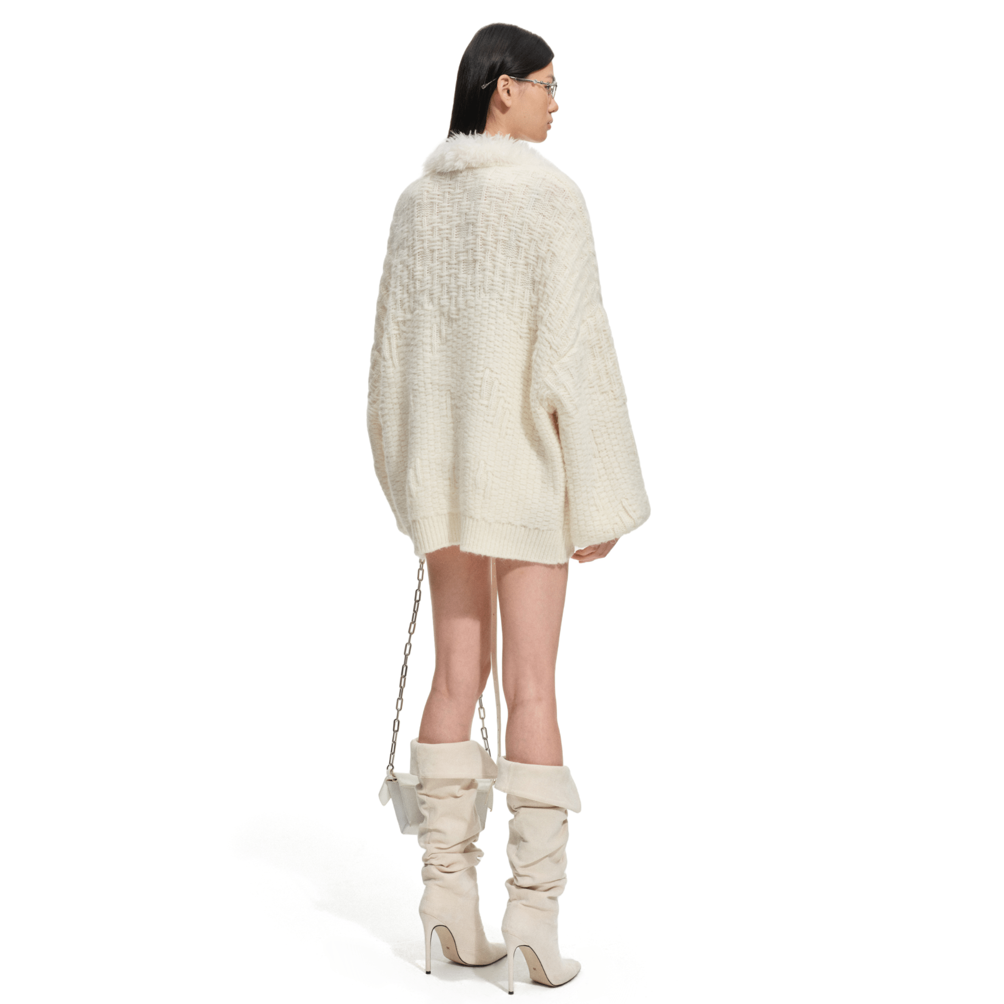 NAWS Polar Fur Collar Sweater Coat in White | MADAX