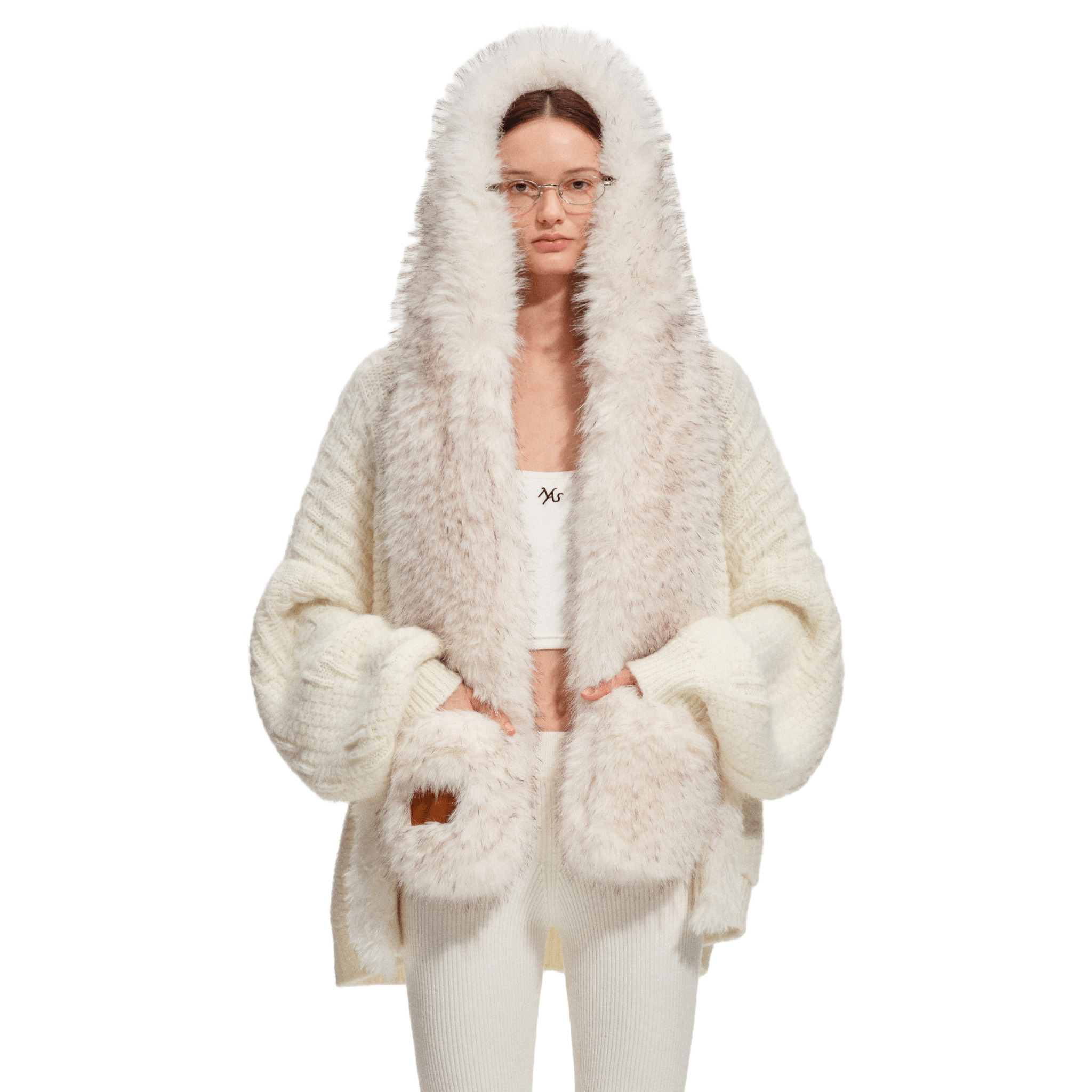 NAWS Polar Fur Collar Sweater Coat in White | MADAX