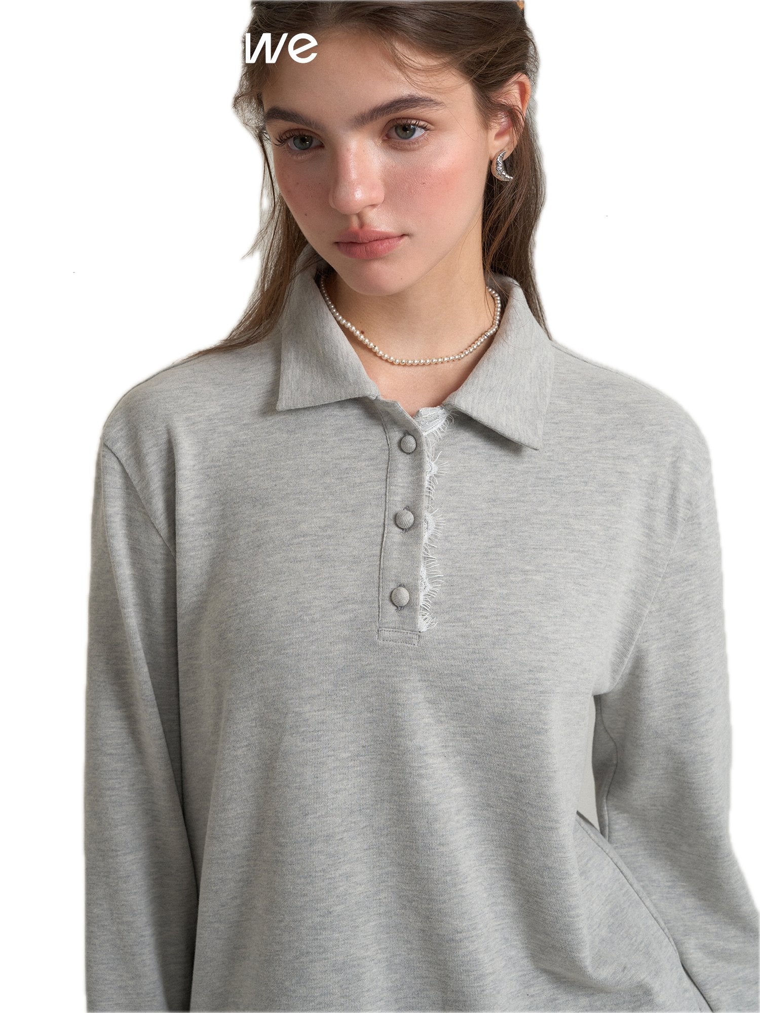 SOMESOWE Polo Collar Lace Layer Long Sleeve T-shirt | MADAX