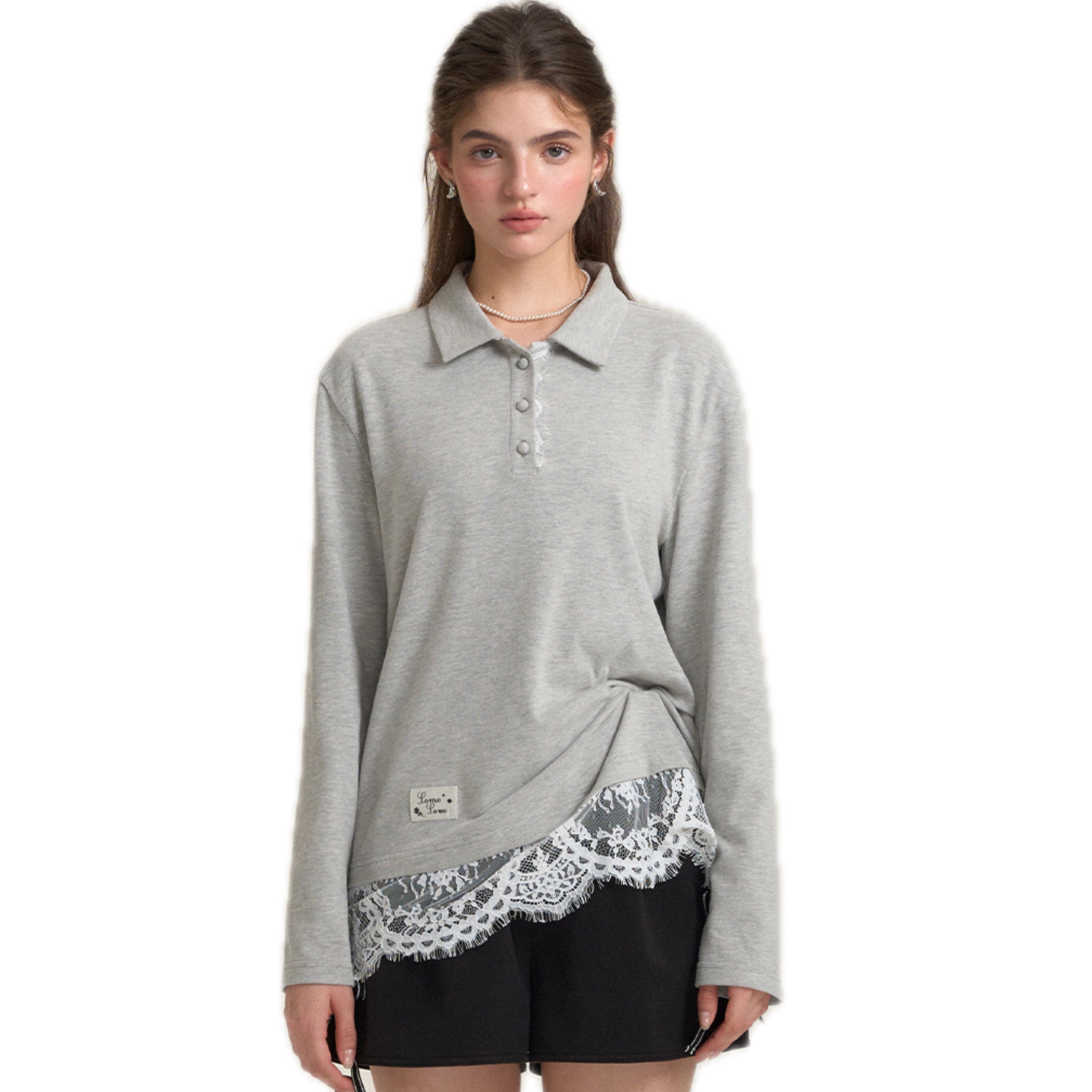 SOMESOWE Polo Collar Lace Layer Long Sleeve T-shirt | MADAX