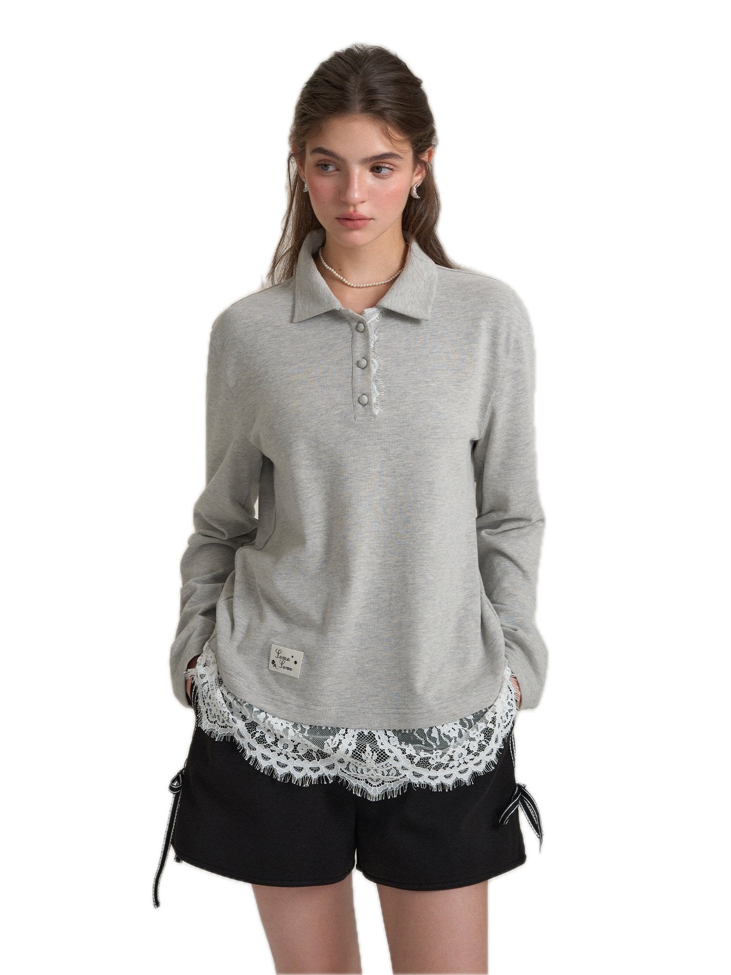 SOMESOWE Polo Collar Lace Layer Long Sleeve T-shirt | MADAX