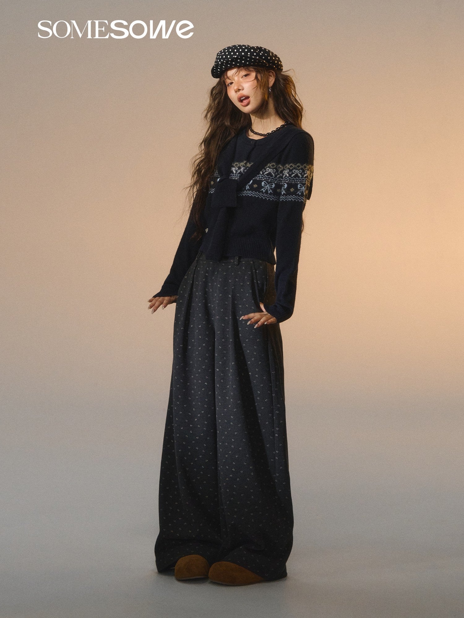 SOMESOWE Printed Bow Woolen Trousers In Dark Gray | MADAX