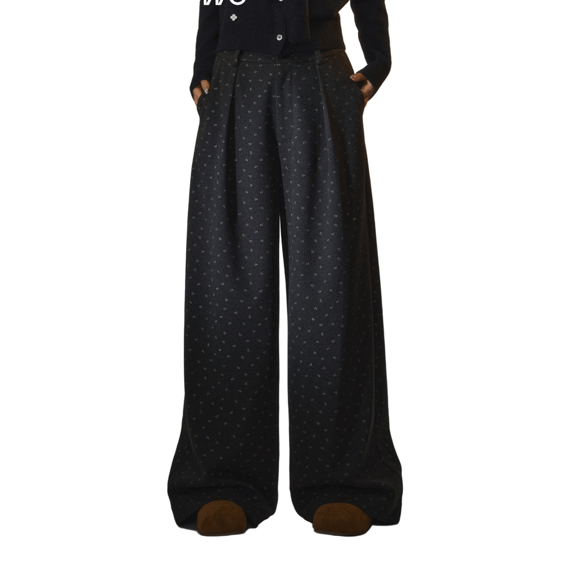 SOMESOWE Printed Bow Woolen Trousers In Dark Gray | MADAX