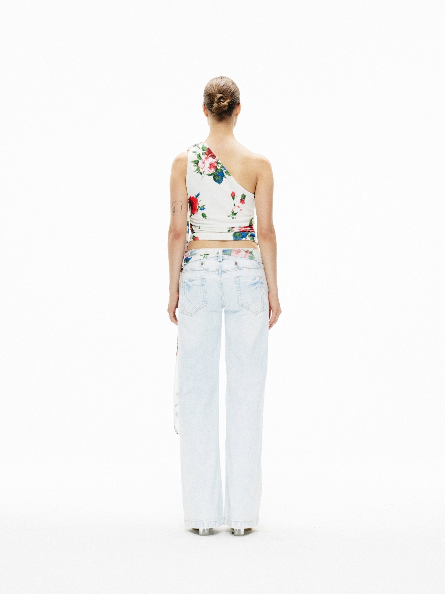 ARTE PURA Printed Ribbon Stretch One - shoulder Top In White | MADAX