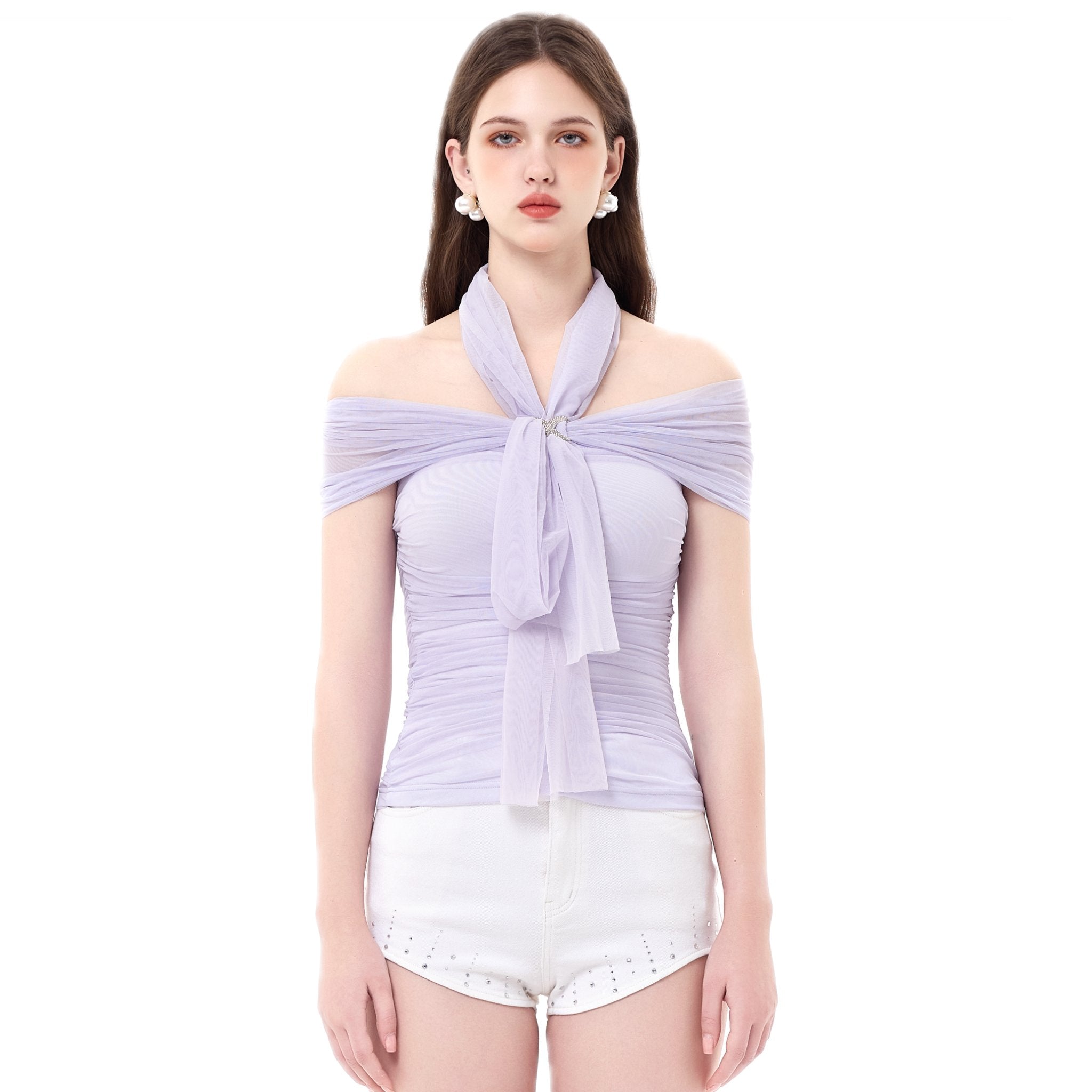 THREE QUARTERS Purple Mesh Removable Neckline One - Shoulder Top | MADA IN CHINA