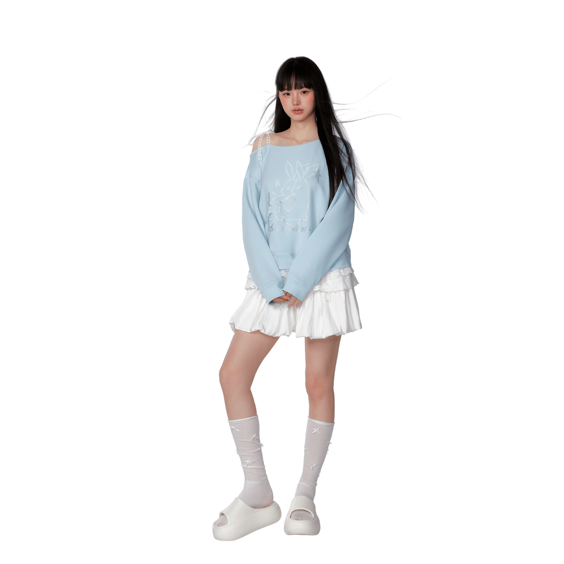 CHAOSCHAOS Rabbit Diamond Fake Two - piece Off - shoulder Sweatshirt In Blue | MADAX