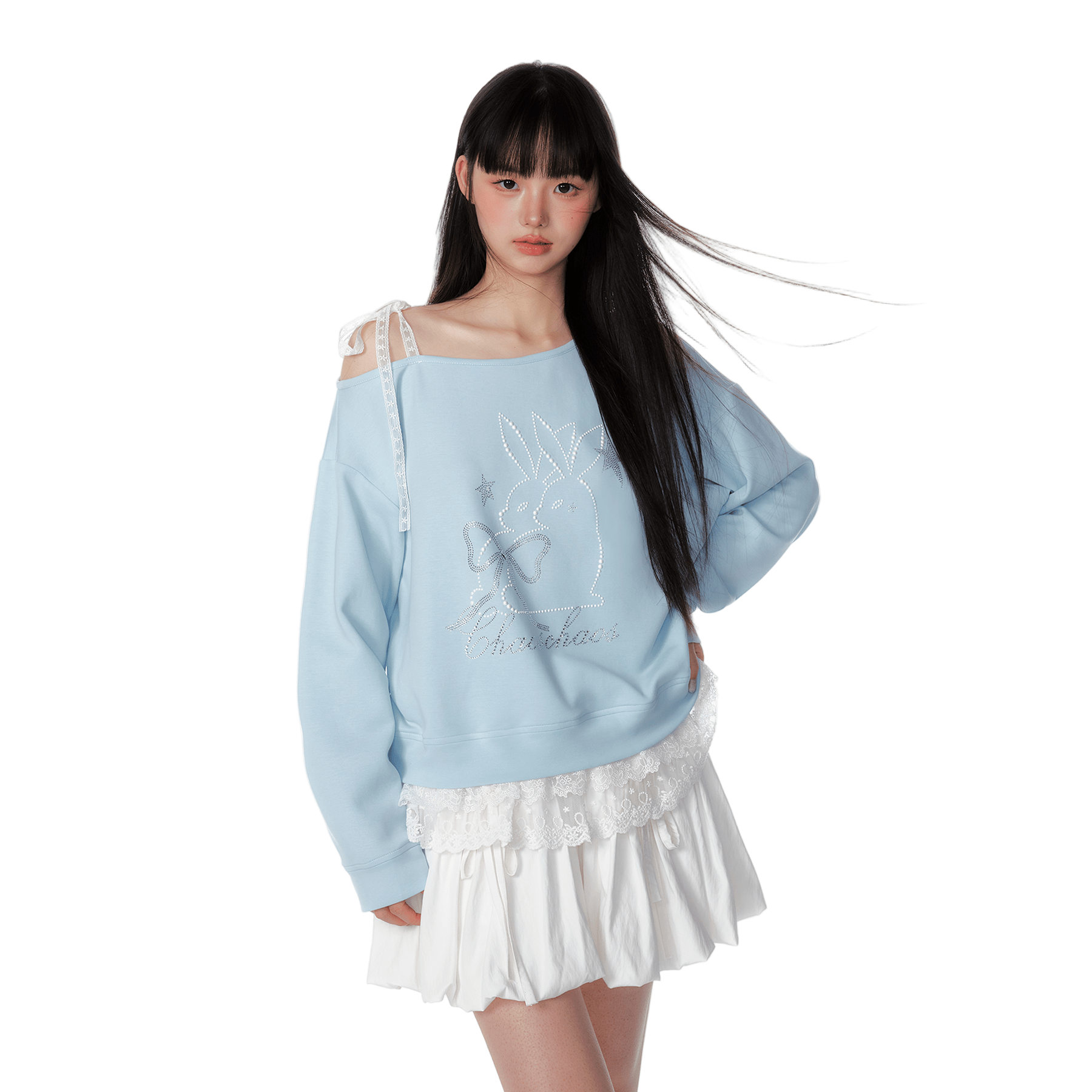 CHAOSCHAOS Rabbit Diamond Fake Two - piece Off - shoulder Sweatshirt In Blue | MADAX